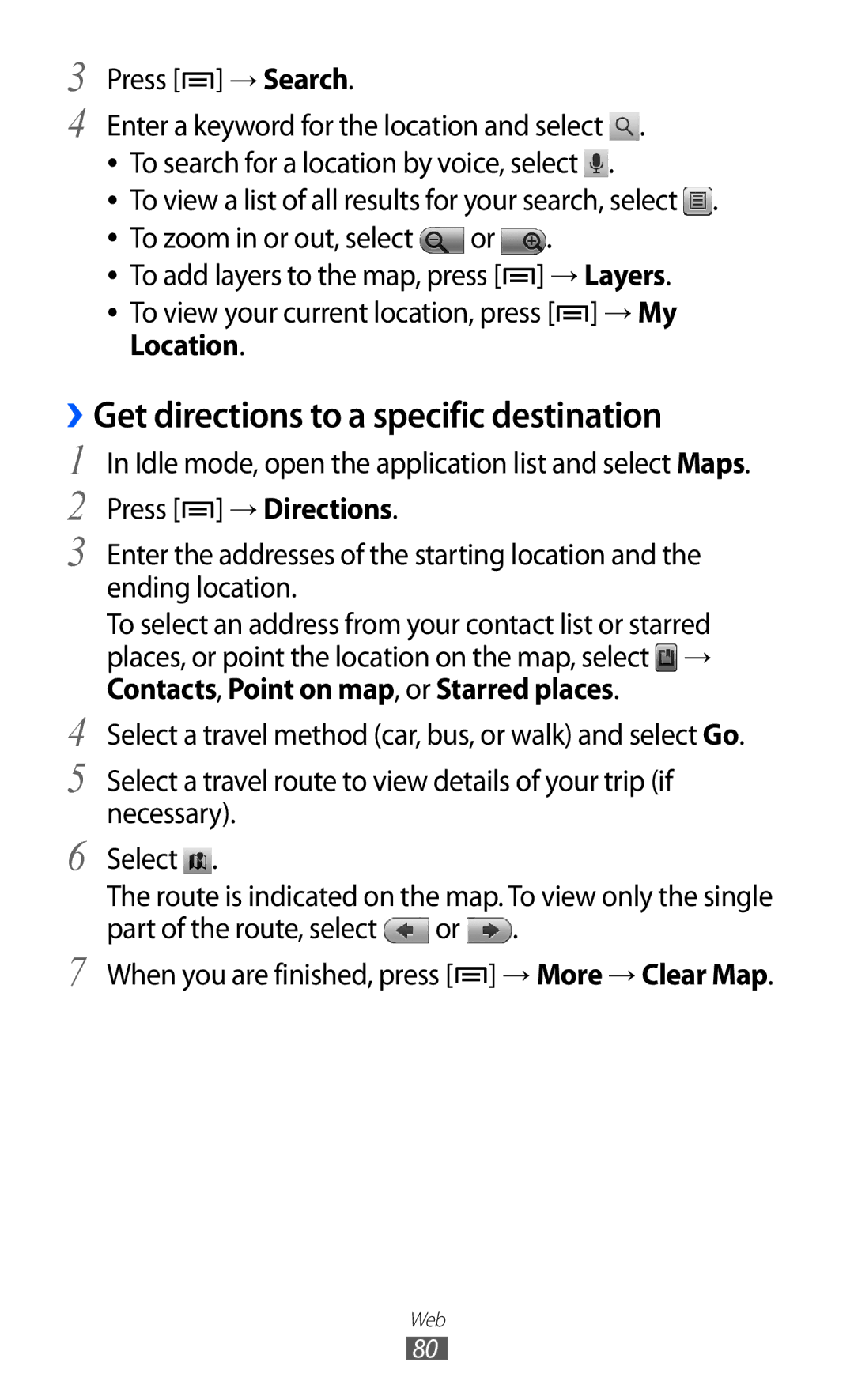 Samsung GT-S5360MAAAFG, GT-S5360MAAAFR, GT-S5360MAABTC manual ››Get directions to a specific destination, Press → Search 