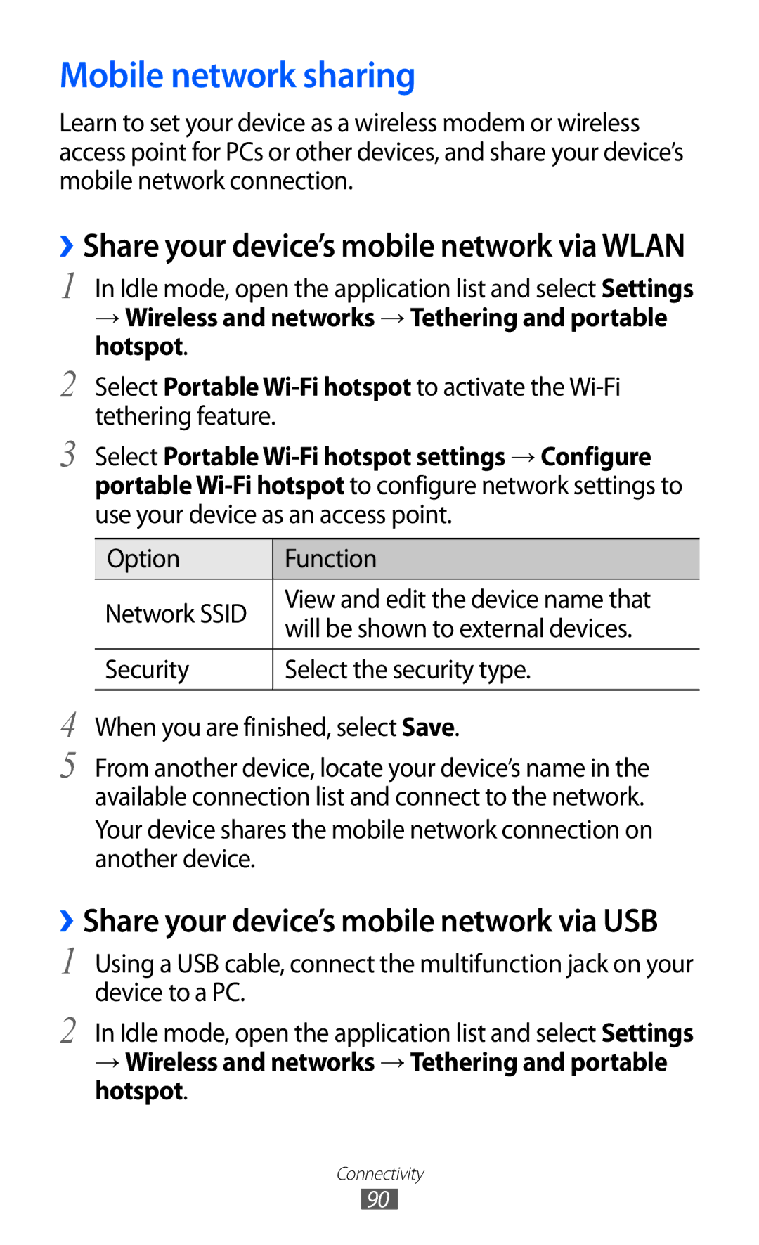 Samsung GT-S5360TKAEGY, GT-S5360MAAAFG Mobile network sharing, → Wireless and networks → Tethering and portable hotspot 