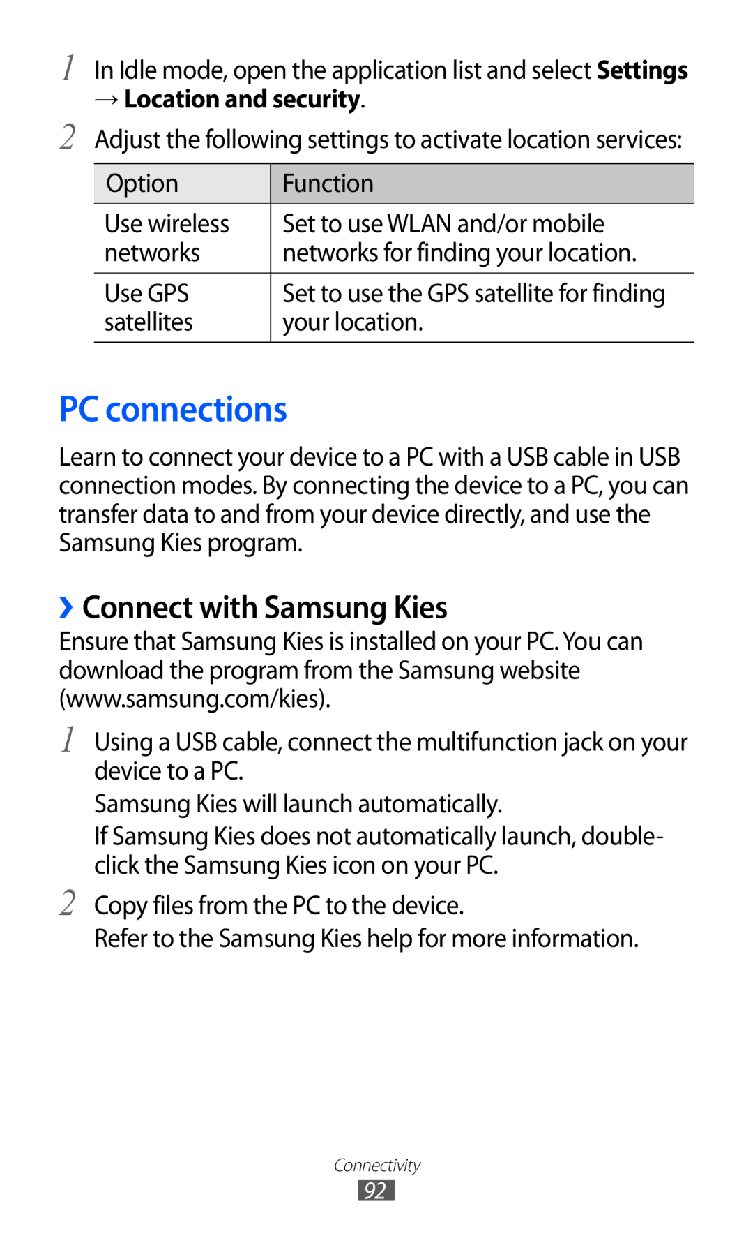 Samsung GT-S5360UWAJED PC connections, ››Connect with Samsung Kies, → Location and security, Satellites Your location 