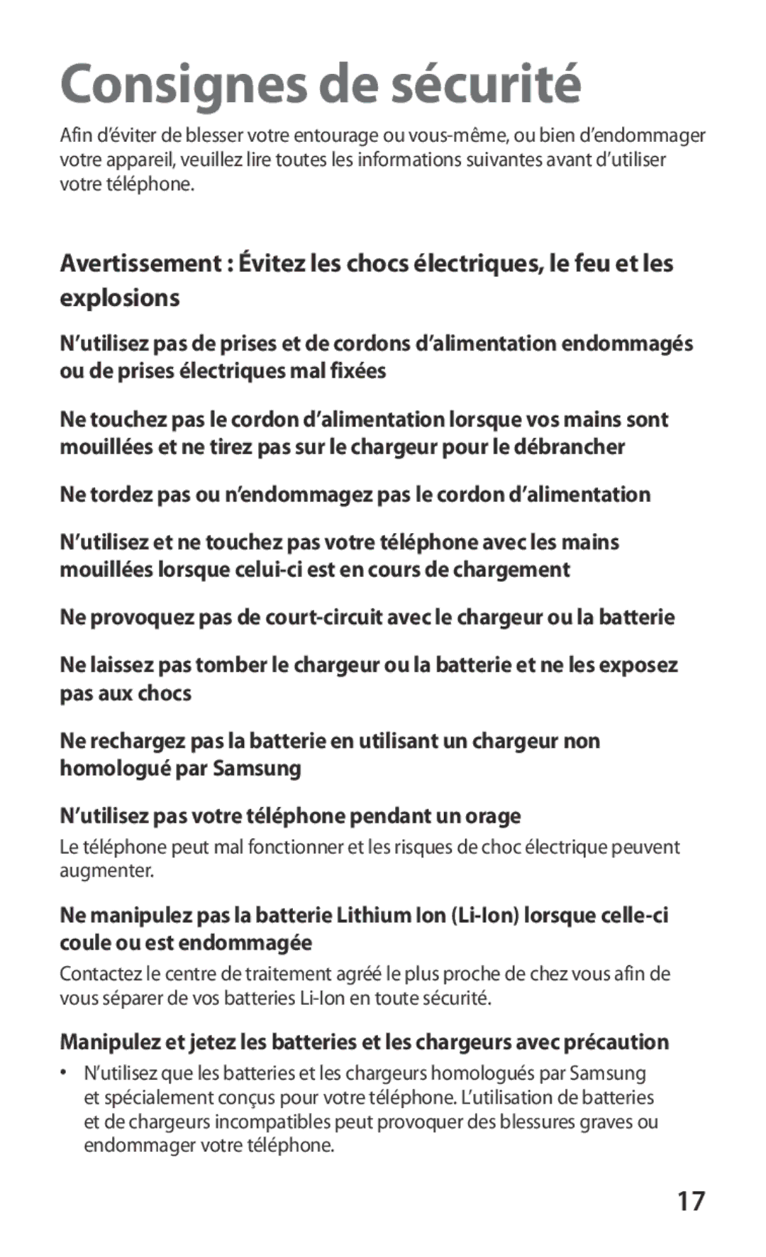 Samsung GT-S5360MAAVGF, GT-S5360MAAFRE Consignes de sécurité, Ne tordez pas ou n’endommagez pas le cordon d’alimentation 