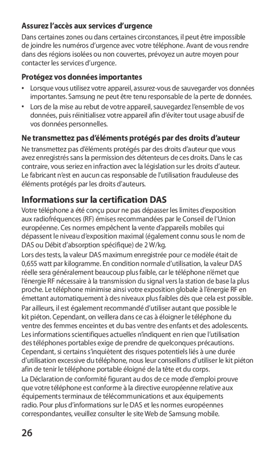 Samsung GT-S5360TKAXEF, GT-S5360MAAFRE manual Assurez l’accès aux services d’urgence, Protégez vos données importantes 