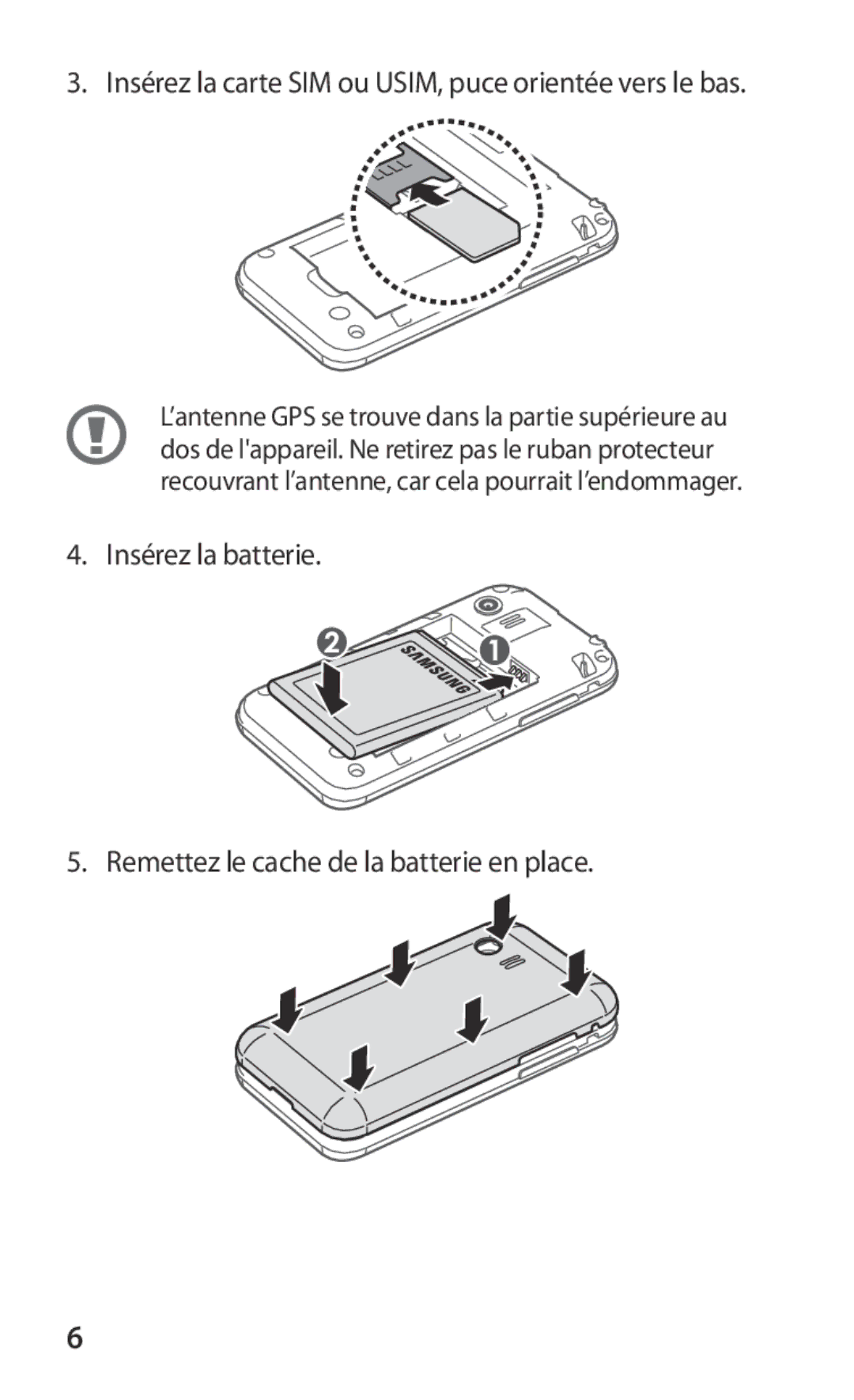 Samsung GT-S5360UWAFTM, GT-S5360MAAFRE, GT-S5360MAACAR manual Insérez la carte SIM ou USIM, puce orientée vers le bas 