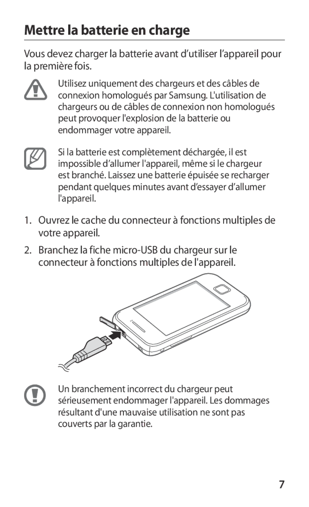 Samsung GT-S5360OIAFTM, GT-S5360MAAFRE, GT-S5360MAACAR, GT-S5360UWHXEF, GT-S5360OIAXEF manual Mettre la batterie en charge 