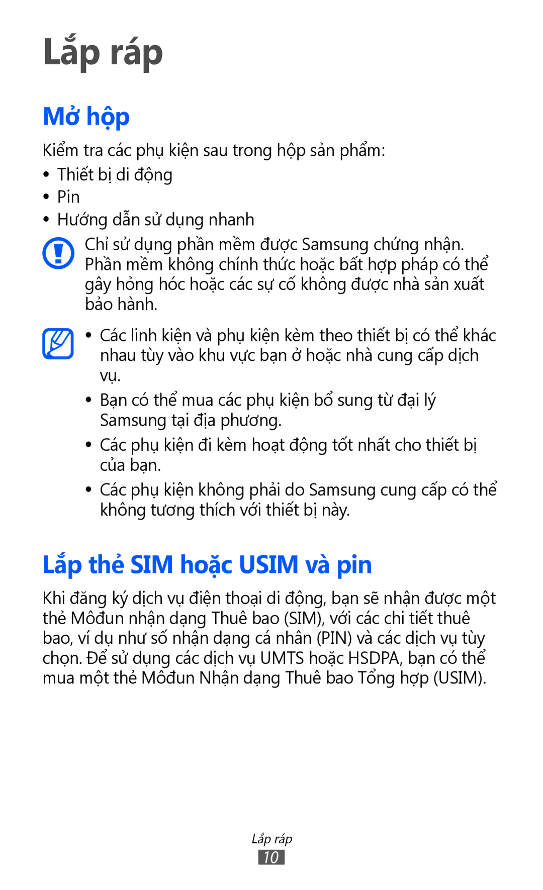 Samsung GT-S5360MAAXXV, GT-S5360MASXXV, GT-S5360TKAXXV, GT-S5360UWHXXV manual Lắp ráp, Mở hộp, Lắp thẻ SIM hoặc Usim và pin 