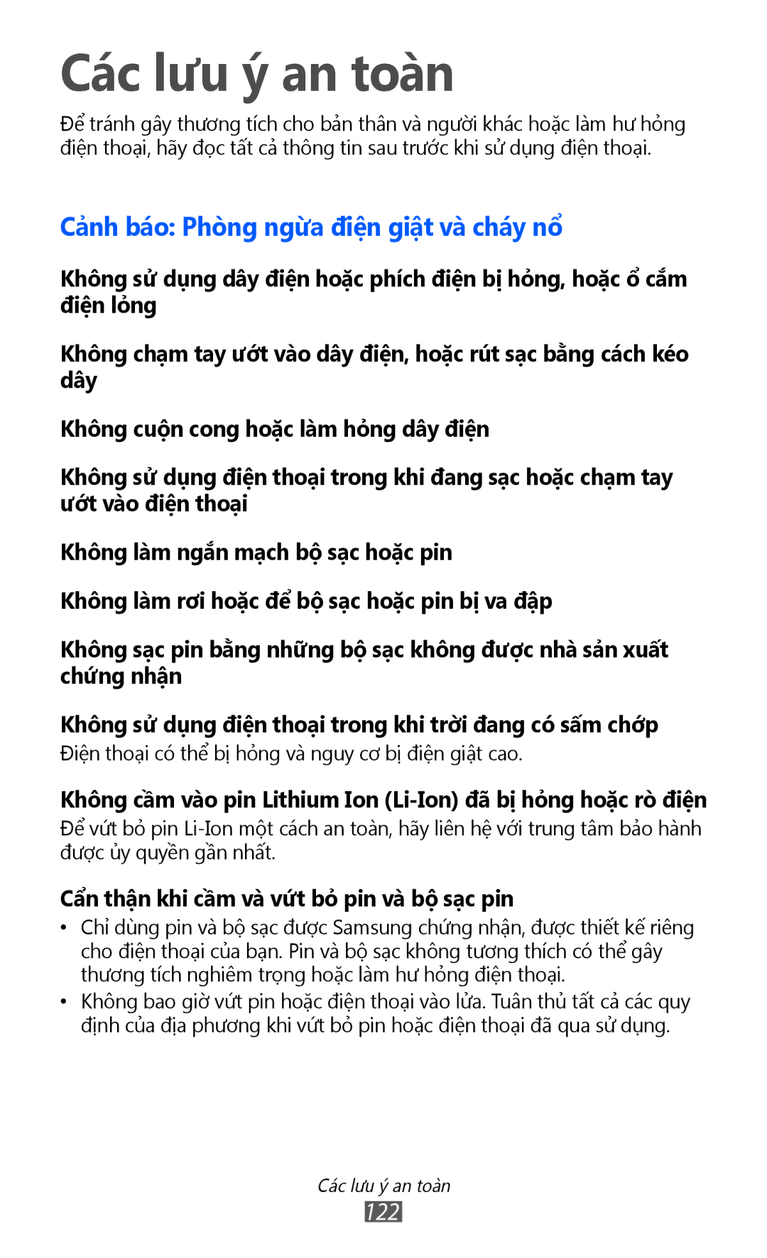 Samsung GT-S5360MASXEV, GT-S5360MASXXV, GT-S5360TKAXXV, GT-S5360UWHXXV, GT-S5360HAAXEV, GT-S5360MAAXEV Các lưu ý an toàn, 122 