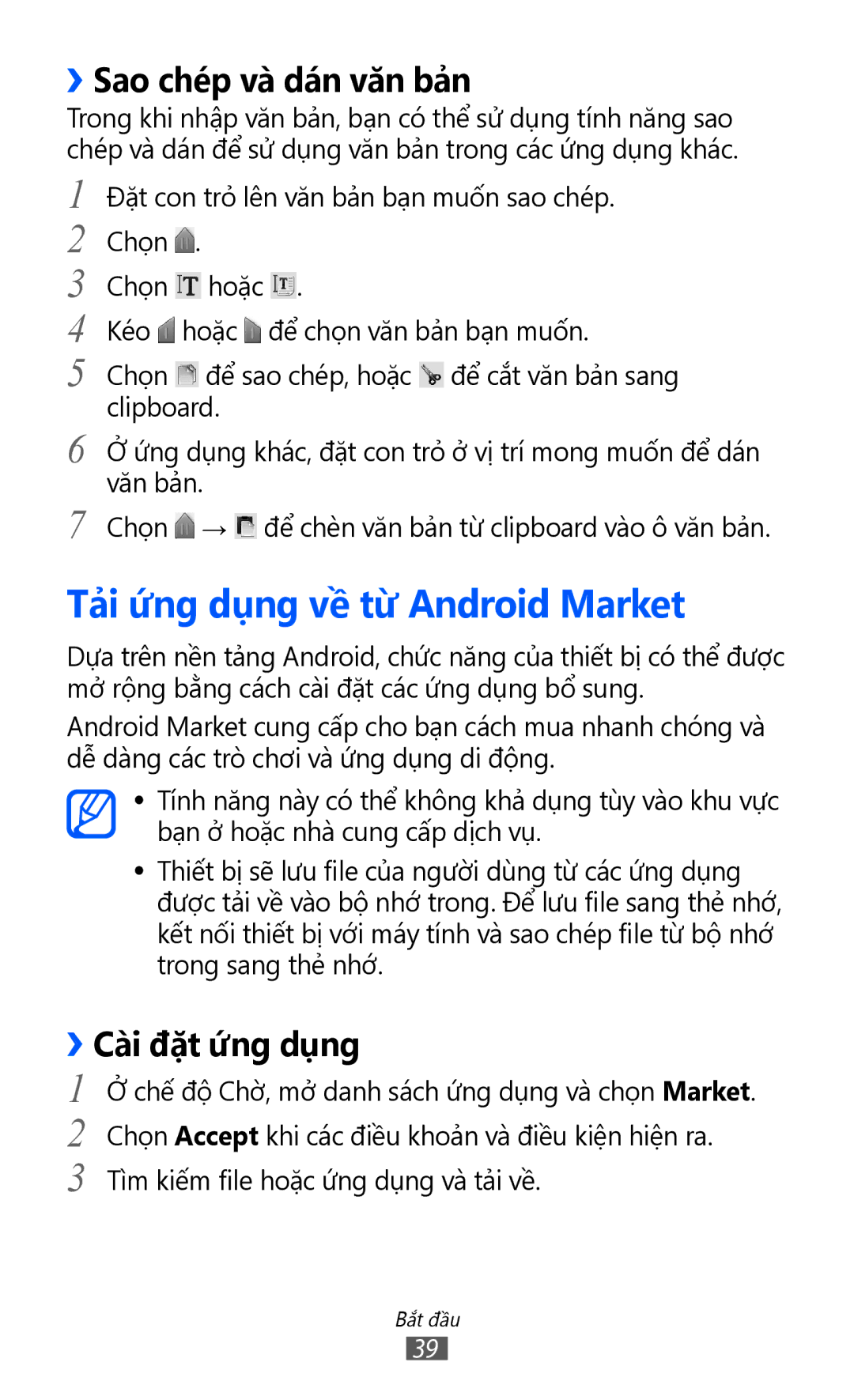 Samsung GT-S5360MASXXV manual Tả̉i ứ́ng dụng về từ Android Market, ››Sao chép và dán văn bả̉n, ››Cài đặt ứ́ng dụng 