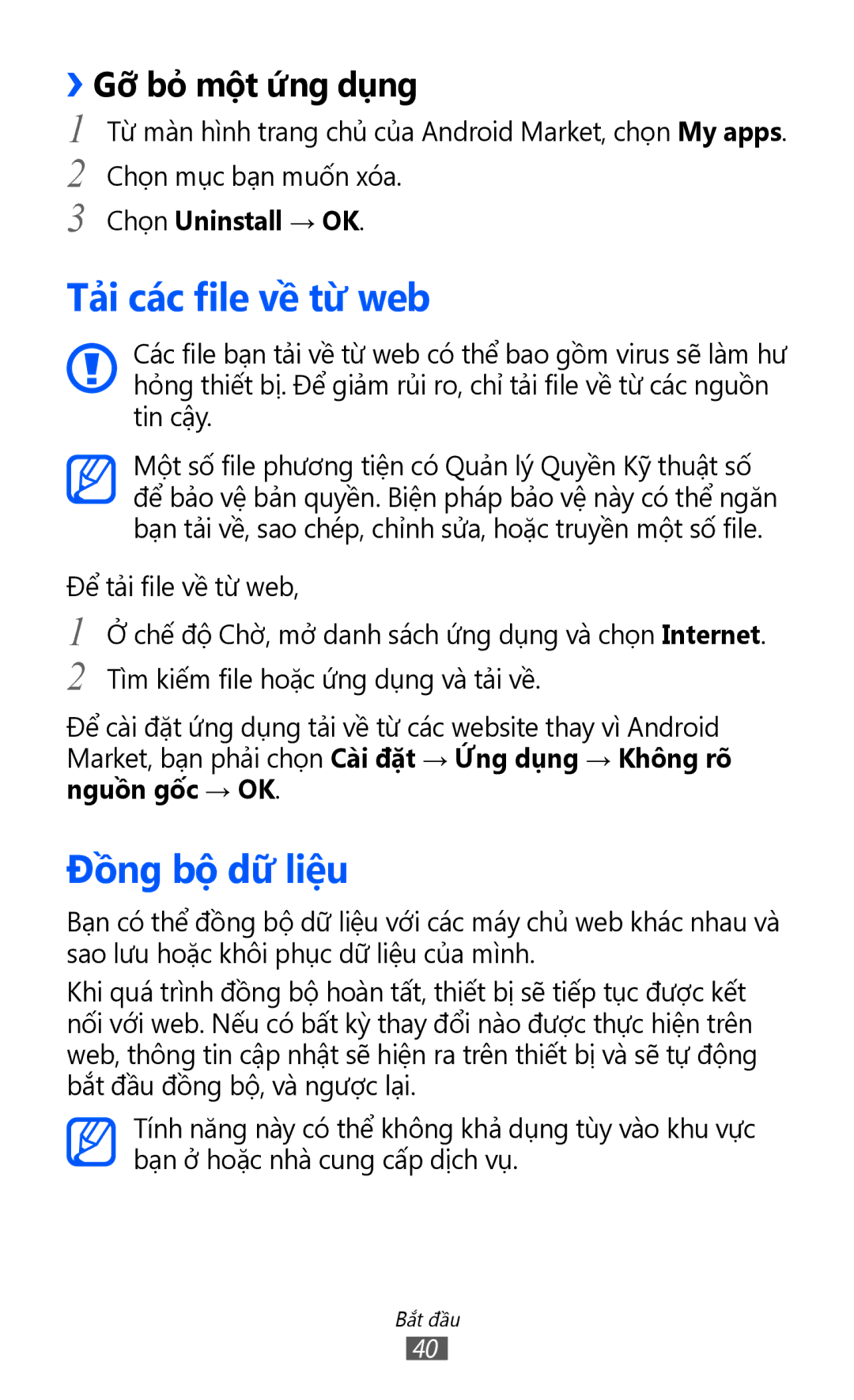 Samsung GT-S5360TKAXXV manual Tả̉i các file về từ web, Đồng bộ dữ liệu, ››Gỡ bỏ một ứ́ng dụng, Chọn Uninstall → OK 
