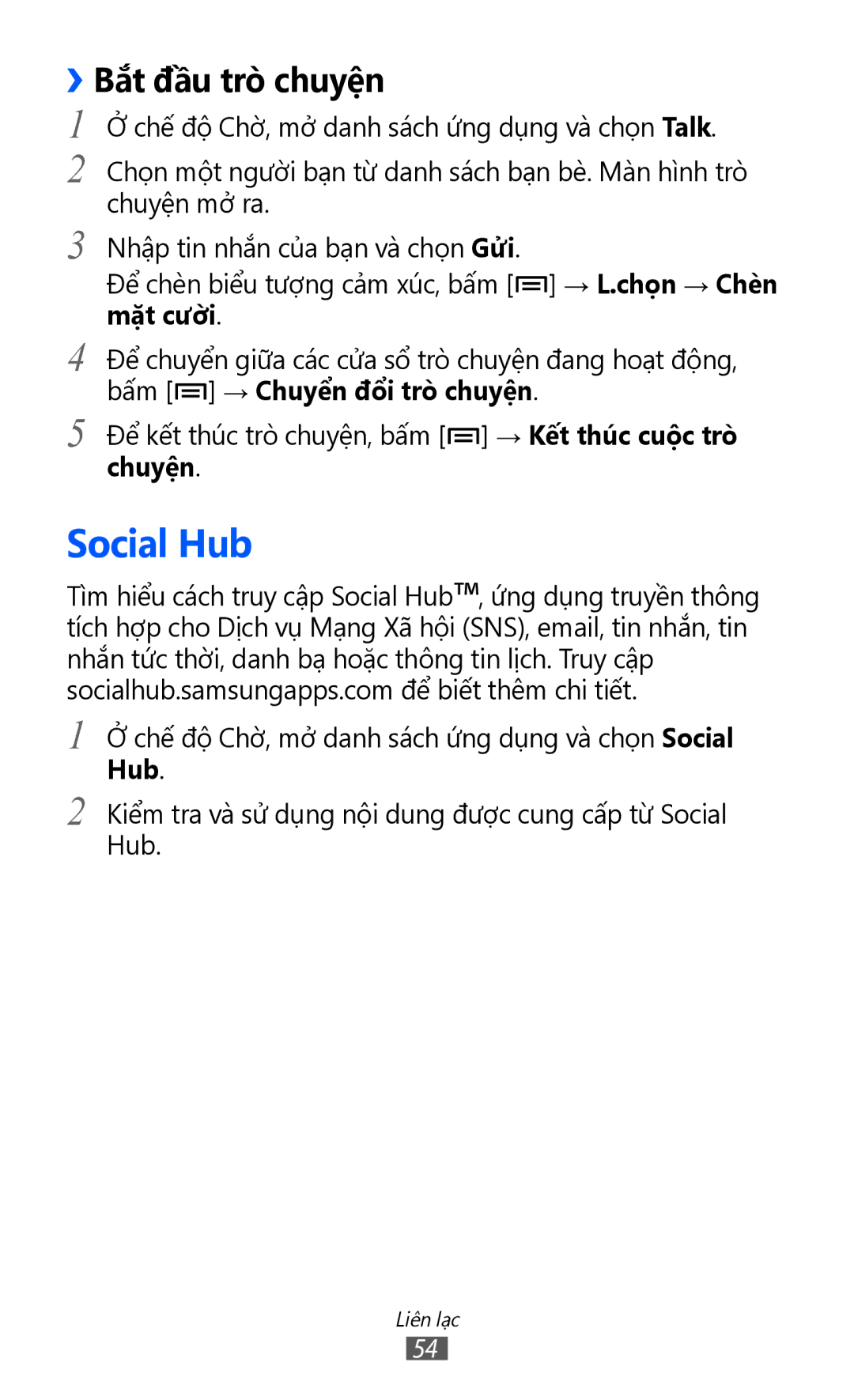 Samsung GT-S5360UWHXXV, GT-S5360MASXXV, GT-S5360TKAXXV, GT-S5360HAAXEV, GT-S5360MAAXEV manual Social Hub, ››Bắt đầu trò chuyện 