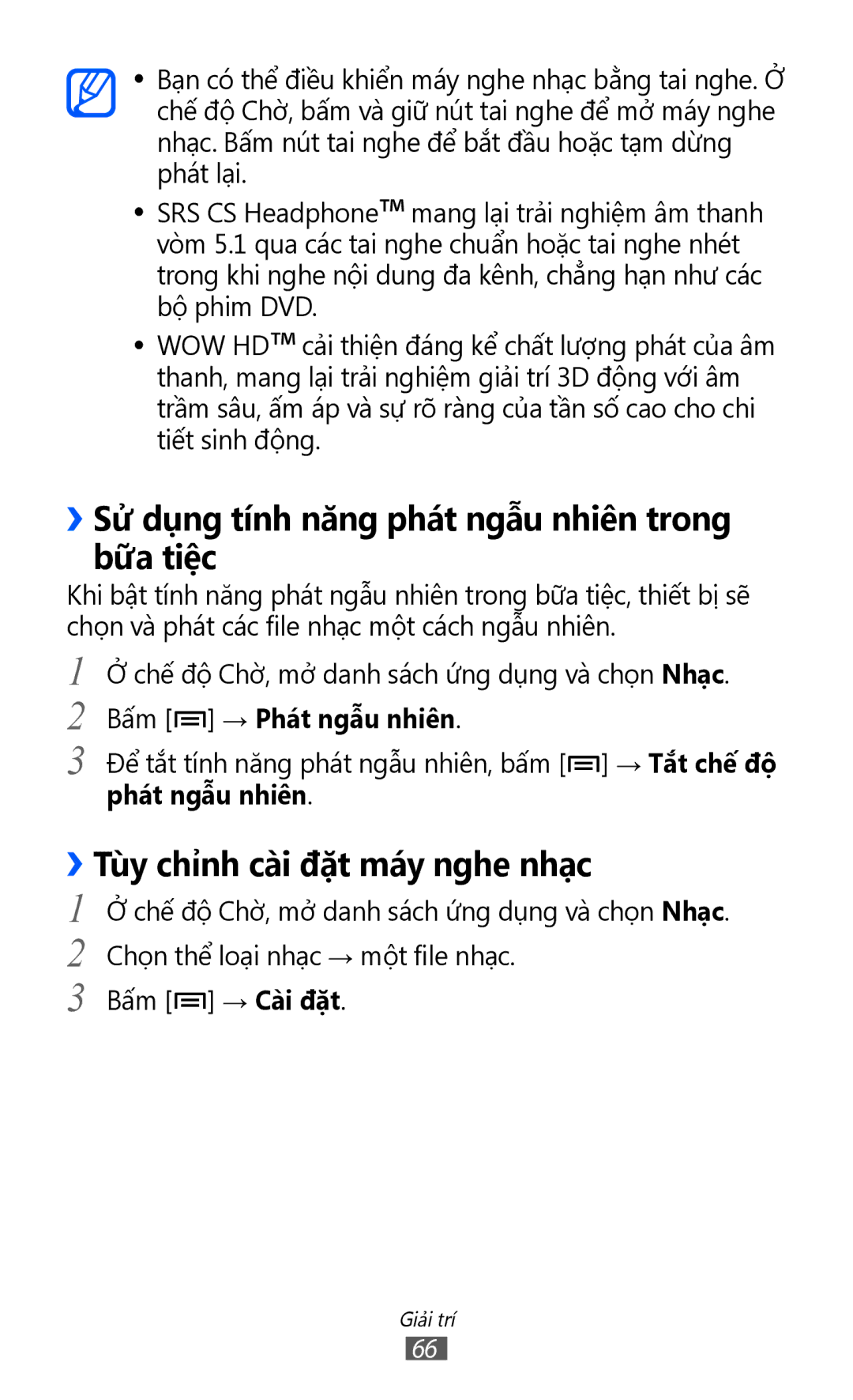 Samsung GT-S5360TKAXXV manual ››Sử dụng tính năng phát ngẫu nhiên trong bữa tiệc, ››Tùy chỉnh cài đặt máy nghe nhạc 