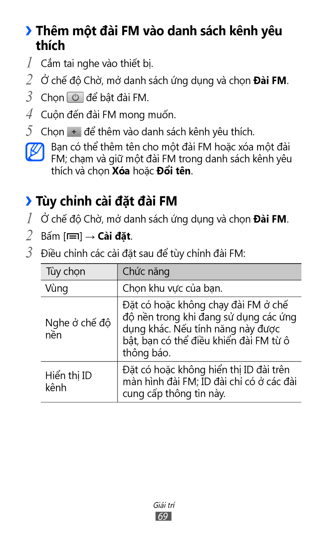 Samsung GT-S5360MAAXEV, GT-S5360MASXXV manual ››Thêm một đài FM vào danh sách kênh yêu thích, ››Tùy chỉnh cài đặt đài FM 