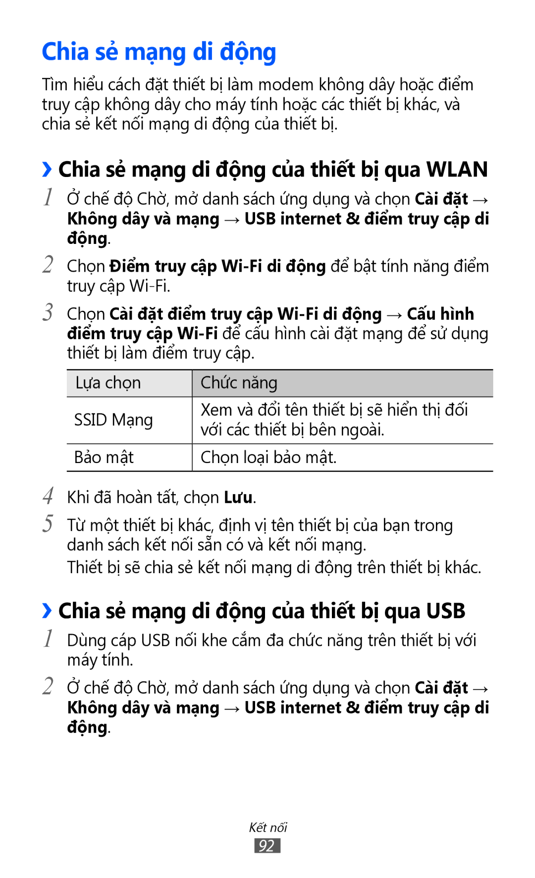 Samsung GT-S5360TKAXXV manual ››Chia sẻ mạng di động của thiết bị qua Wlan, ››Chia sẻ mạng di động của thiết bị qua USB 