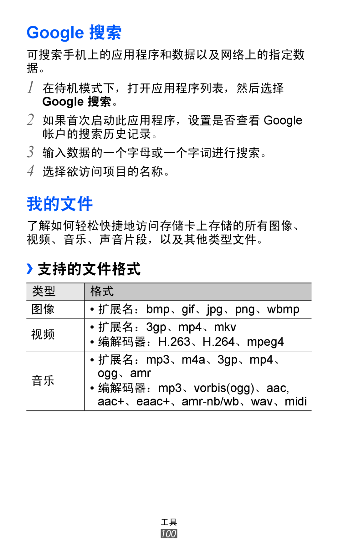 Samsung GT-S5360OIAXXV, GT-S5360MASXXV, GT-S5360TKAXXV, GT-S5360UWHXXV, GT-S5360HAAXEV, GT-S5360MAAXEV manual Google 搜索, 我的文件 