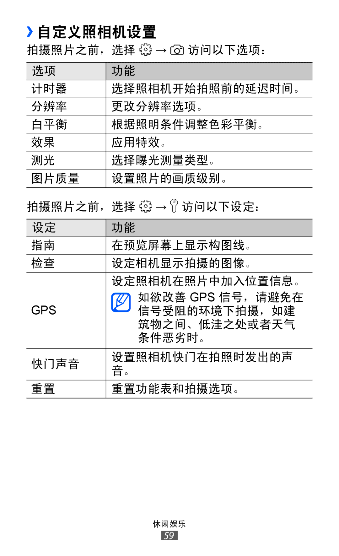 Samsung GT-S5360UWAXXV, GT-S5360MASXXV, GT-S5360TKAXXV, GT-S5360UWHXXV, GT-S5360HAAXEV, GT-S5360MAAXEV manual ››自定义照相机设置 