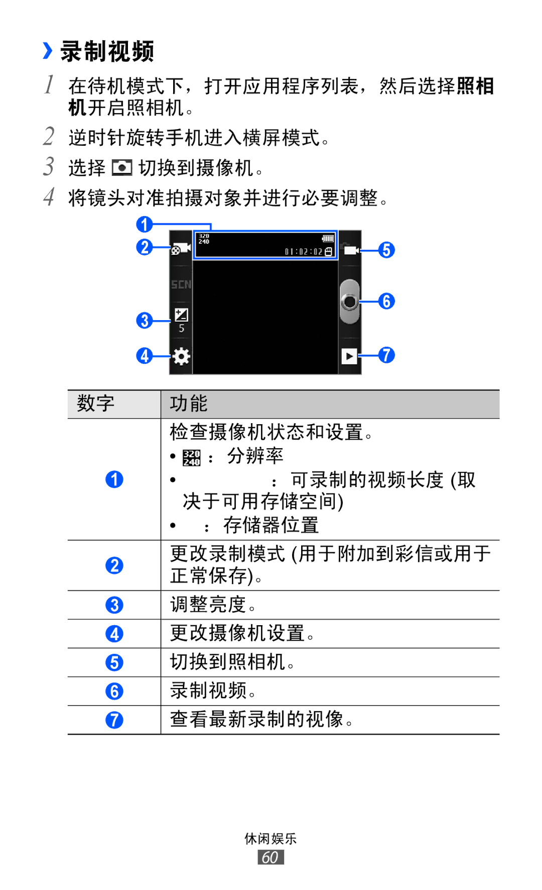 Samsung GT-S5360ZWZXXV, GT-S5360MASXXV, GT-S5360TKAXXV, GT-S5360UWHXXV, GT-S5360HAAXEV, GT-S5360MAAXEV, GT-S5360MASXEV ››录制视频 