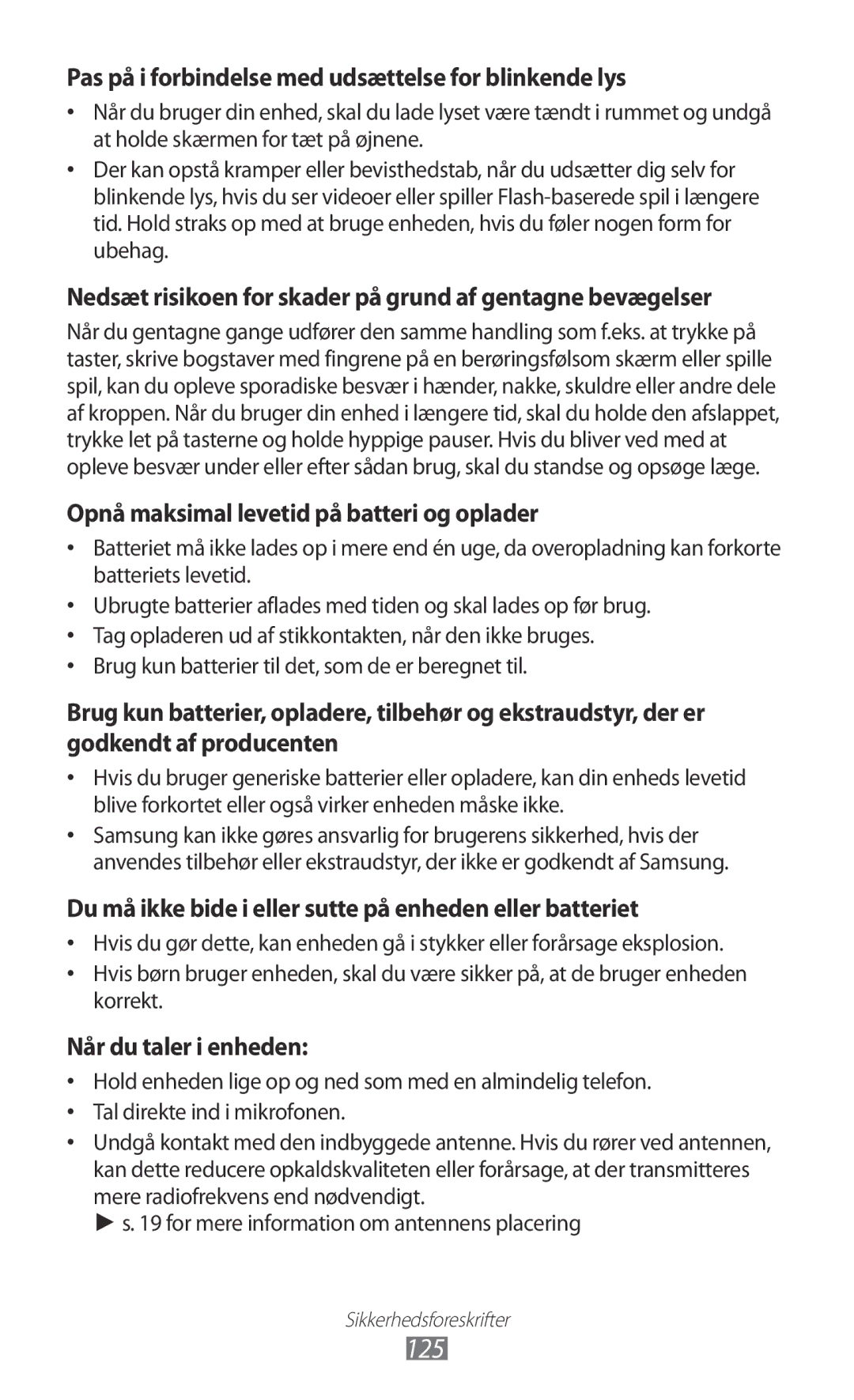 Samsung GT-S5360OIANEE, GT-S5360TKANEE, GT-S5360ISANEE manual 125, Pas på i forbindelse med udsættelse for blinkende lys 