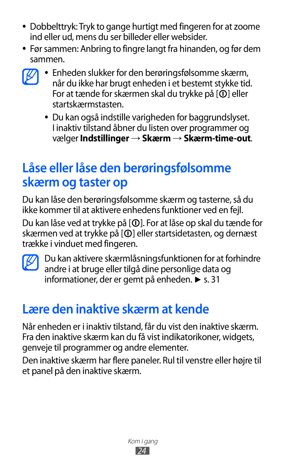 Samsung GT-S5360MAANEE manual Lære den inaktive skærm at kende, Låse eller låse den berøringsfølsomme skærm og taster op 