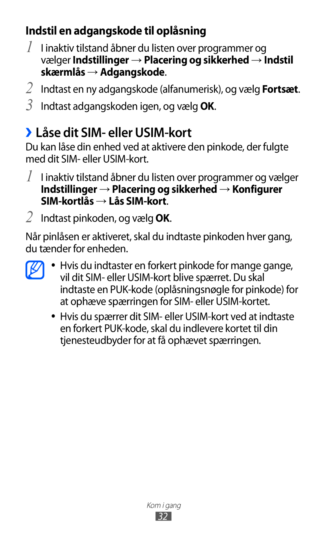 Samsung GT-S5360ISANEE, GT-S5360OIANEE manual ››Låse dit SIM- eller USIM-kort, Indstil en adgangskode til oplåsning 