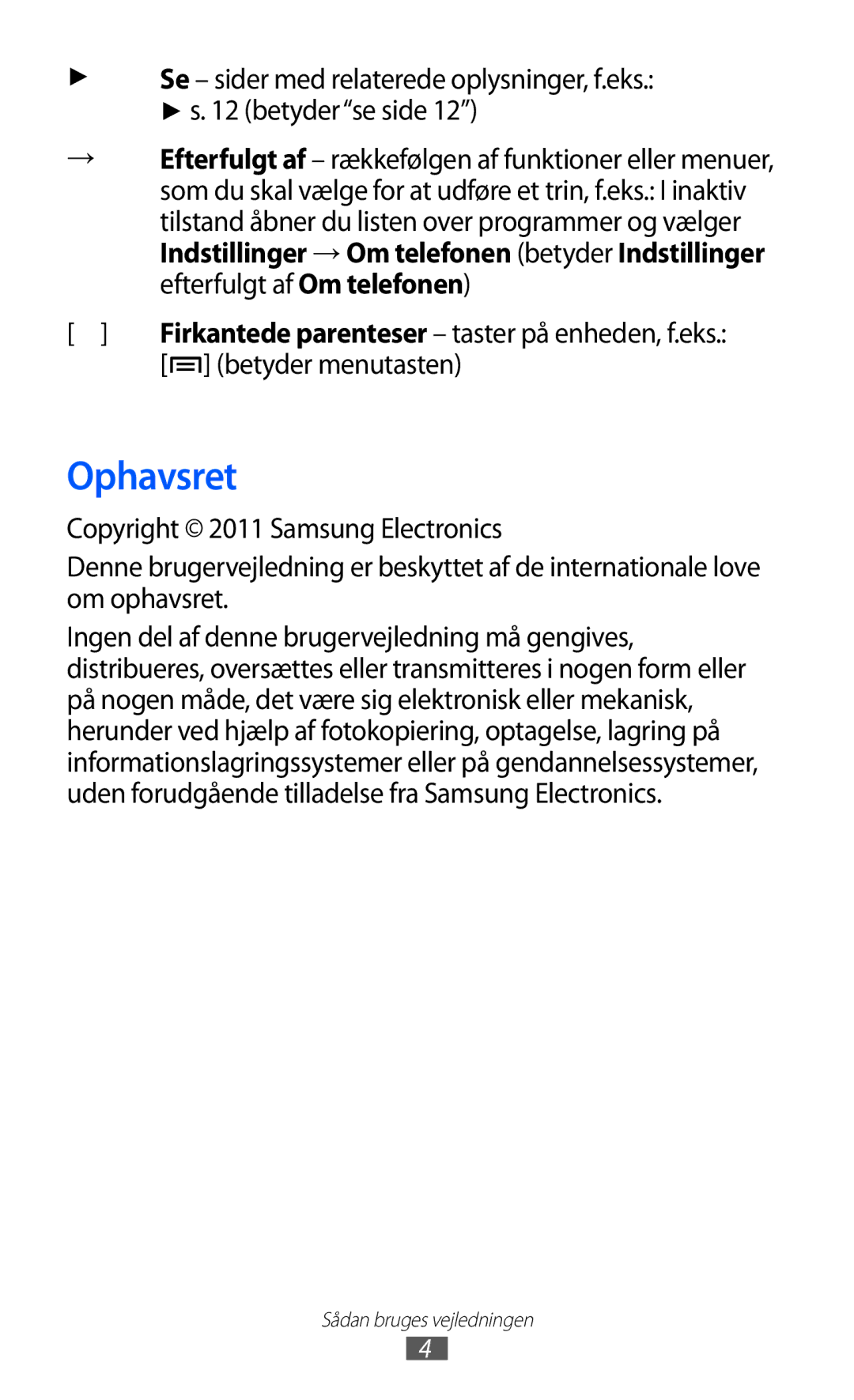 Samsung GT-S5360MAANEE, GT-S5360OIANEE, GT-S5360TKANEE, GT-S5360ISANEE, GT-S5360UWANEE manual Ophavsret, Betyder menutasten 