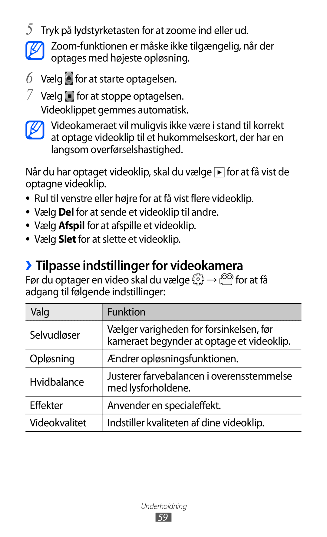 Samsung GT-S5360MAANEE manual ››Tilpasse indstillinger for videokamera, Vælg for at starte optagelsen, Med lysforholdene 