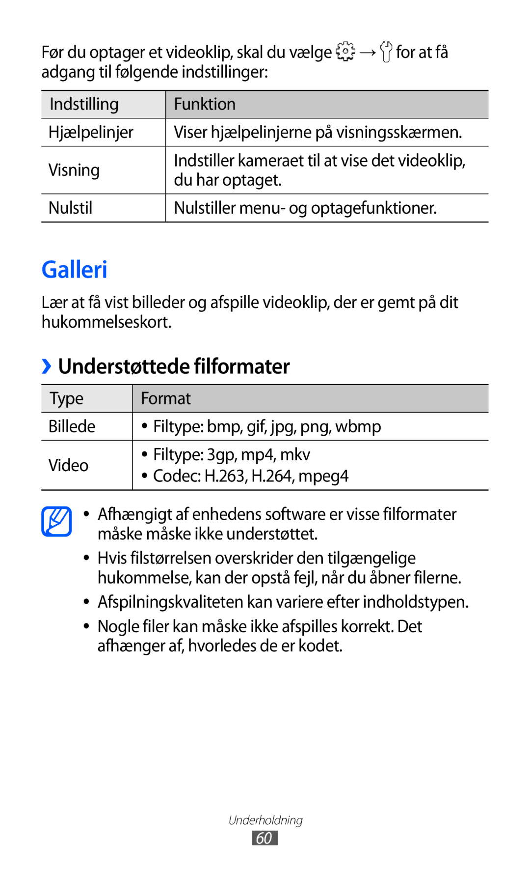 Samsung GT-S5360OIANEE, GT-S5360TKANEE, GT-S5360ISANEE, GT-S5360UWANEE manual Galleri, Understøttede filformater, → for at få 