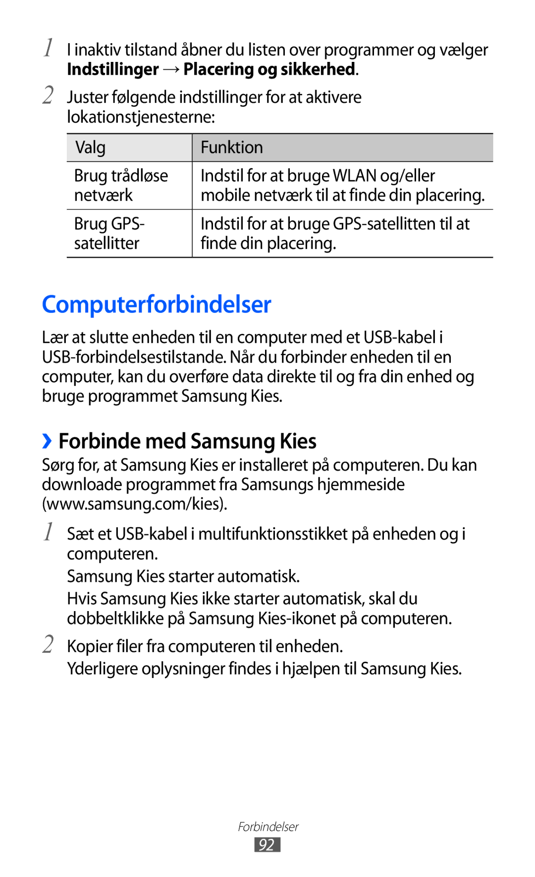 Samsung GT-S5360ISANEE Computerforbindelser, ››Forbinde med Samsung Kies, Indstillinger → Placering og sikkerhed, Brug GPS 