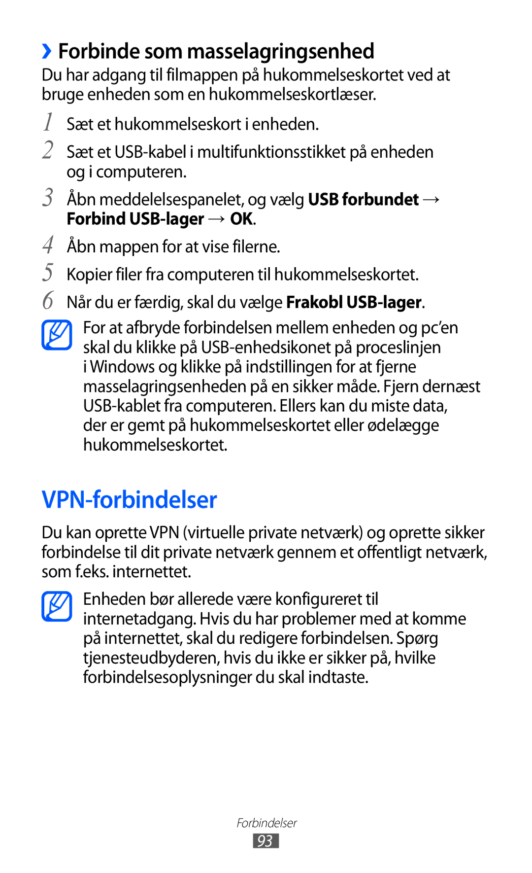 Samsung GT-S5360UWANEE, GT-S5360OIANEE manual VPN-forbindelser, ››Forbinde som masselagringsenhed, Forbind USB-lager → OK 