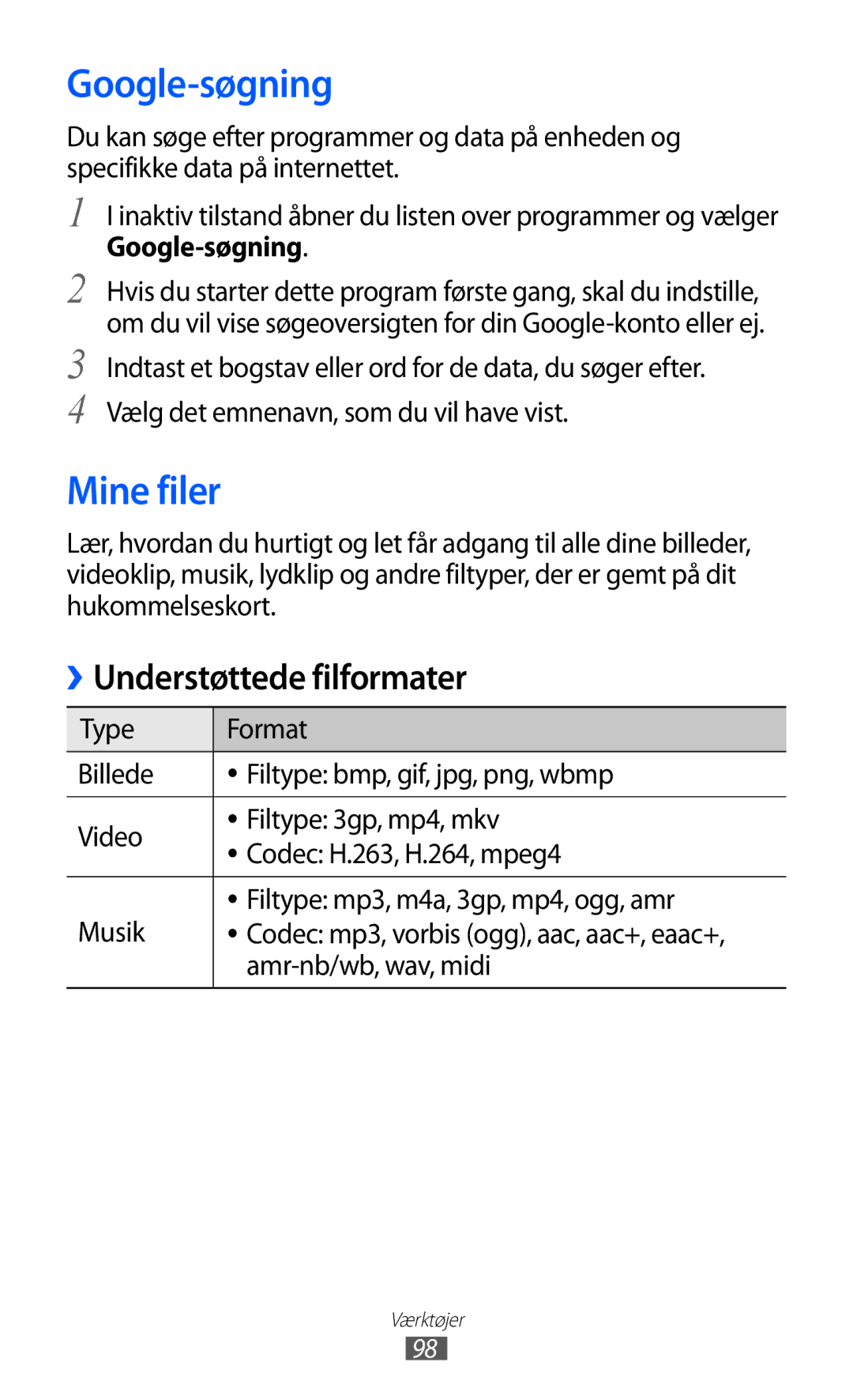 Samsung GT-S5360UWANEE, GT-S5360OIANEE, GT-S5360TKANEE, GT-S5360ISANEE manual Google-søgning, Mine filer, Amr-nb/wb, wav, midi 