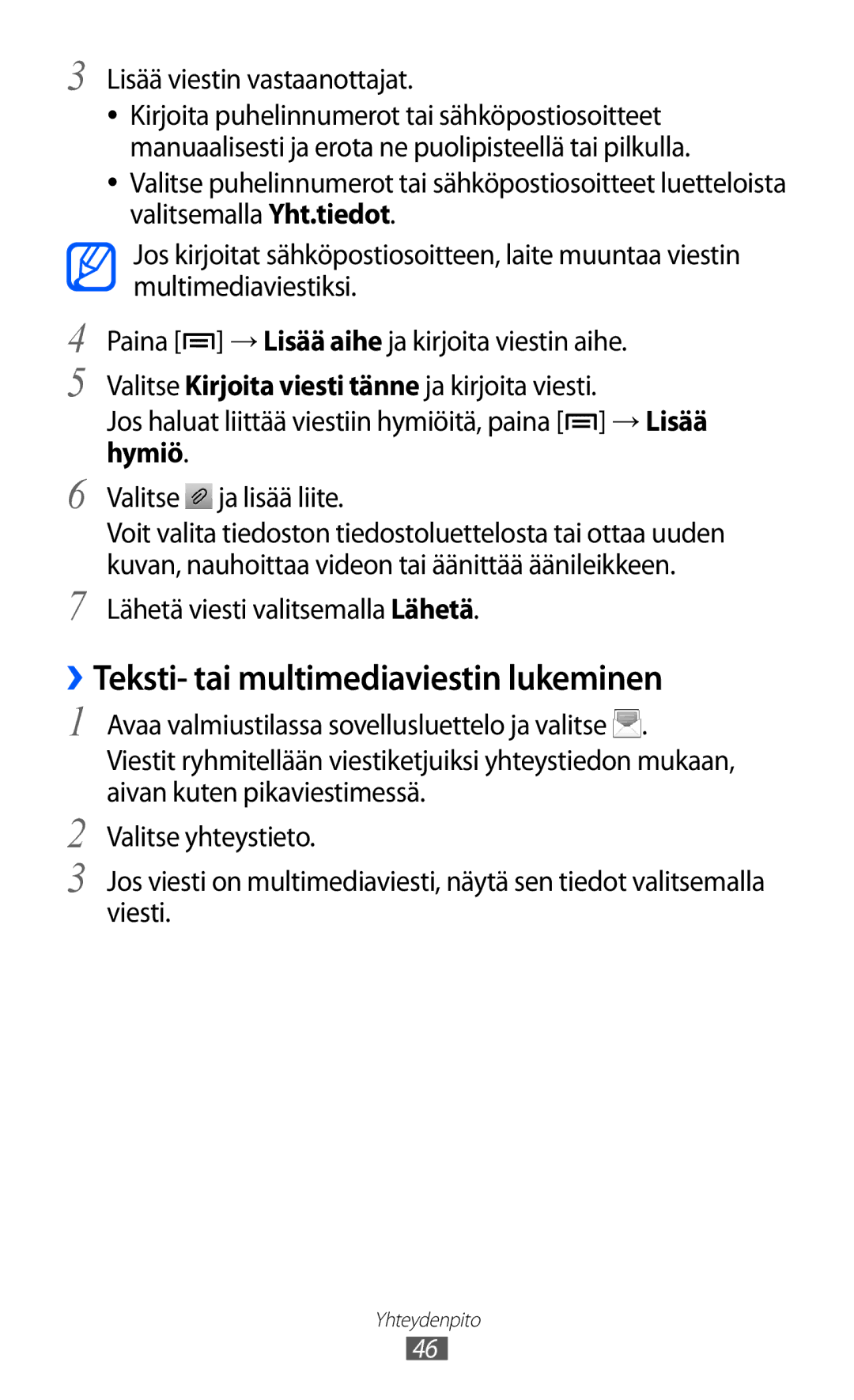 Samsung GT-S5360TKANEE, GT-S5360OIANEE manual ››Teksti- tai multimediaviestin lukeminen, Lisää viestin vastaanottajat 