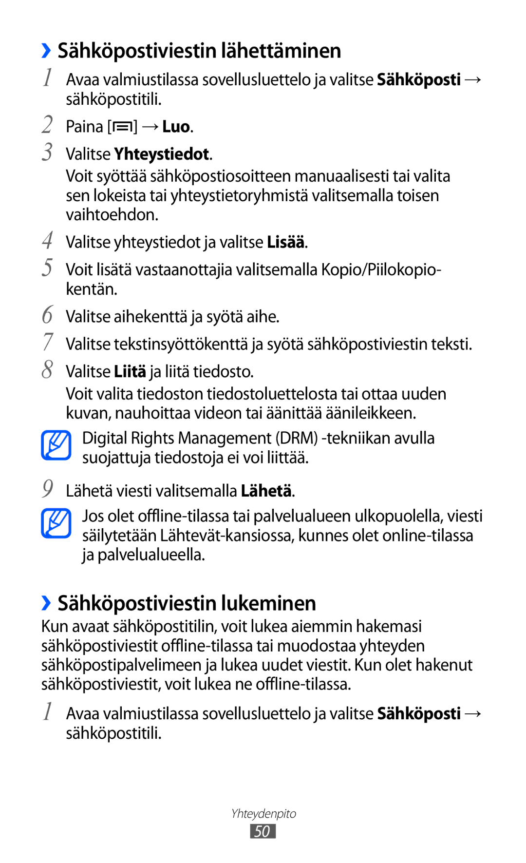 Samsung GT-S5360OIANEE manual ››Sähköpostiviestin lähettäminen, ››Sähköpostiviestin lukeminen, Valitse Yhteystiedot 