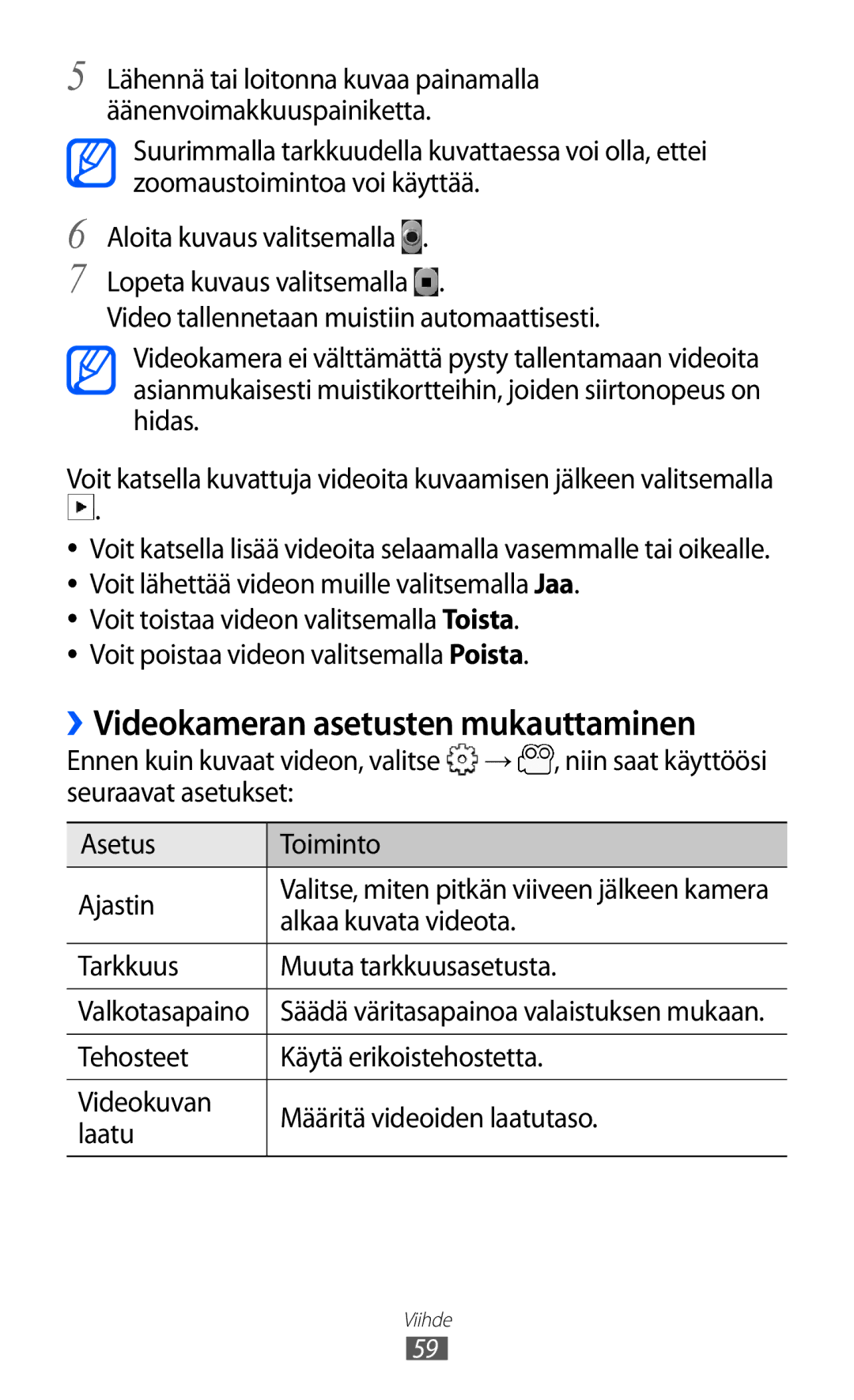 Samsung GT-S5360MAANEE, GT-S5360OIANEE, GT-S5360TKANEE manual ››Videokameran asetusten mukauttaminen, Alkaa kuvata videota 