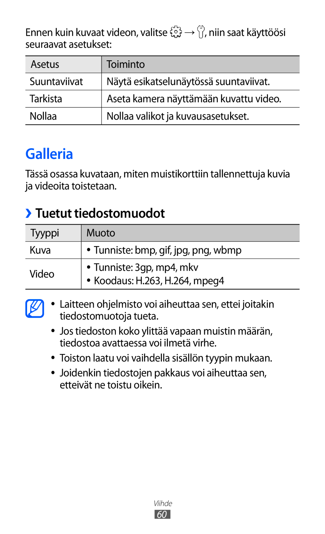 Samsung GT-S5360OIANEE, GT-S5360TKANEE, GT-S5360ISANEE manual Galleria, Tuetut tiedostomuodot, → , niin saat käyttöösi 