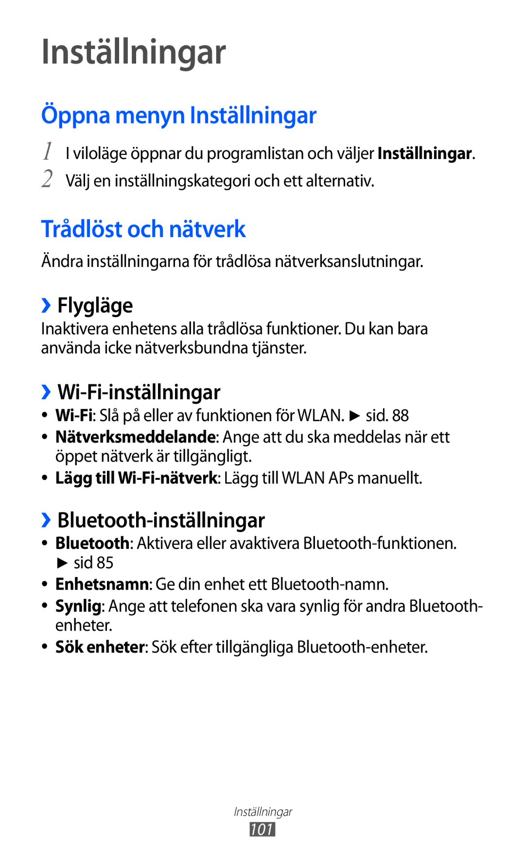 Samsung GT-S5360TKANEE, GT-S5360OIANEE, GT-S5360ISANEE, GT-S5360UWANEE Öppna menyn Inställningar, Trådlöst och nätverk 