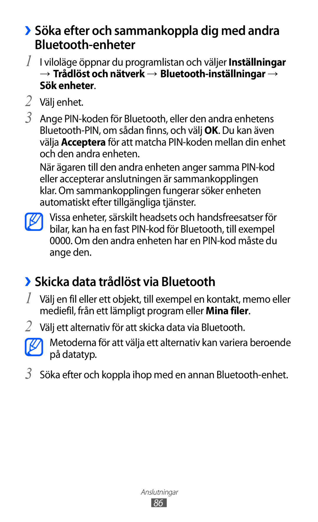 Samsung GT-S5360TKANEE, GT-S5360OIANEE, GT-S5360ISANEE manual Bluetooth-enheter, ››Skicka data trådlöst via Bluetooth 