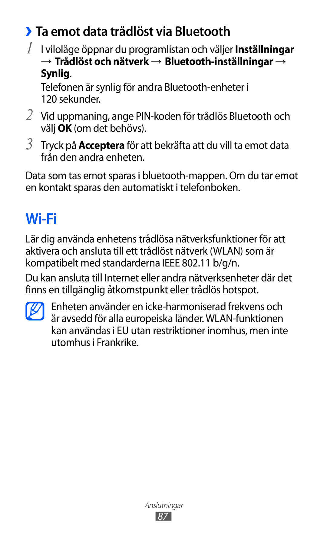 Samsung GT-S5360ISANEE, GT-S5360OIANEE, GT-S5360TKANEE, GT-S5360UWANEE manual Wi-Fi, ››Ta emot data trådlöst via Bluetooth 