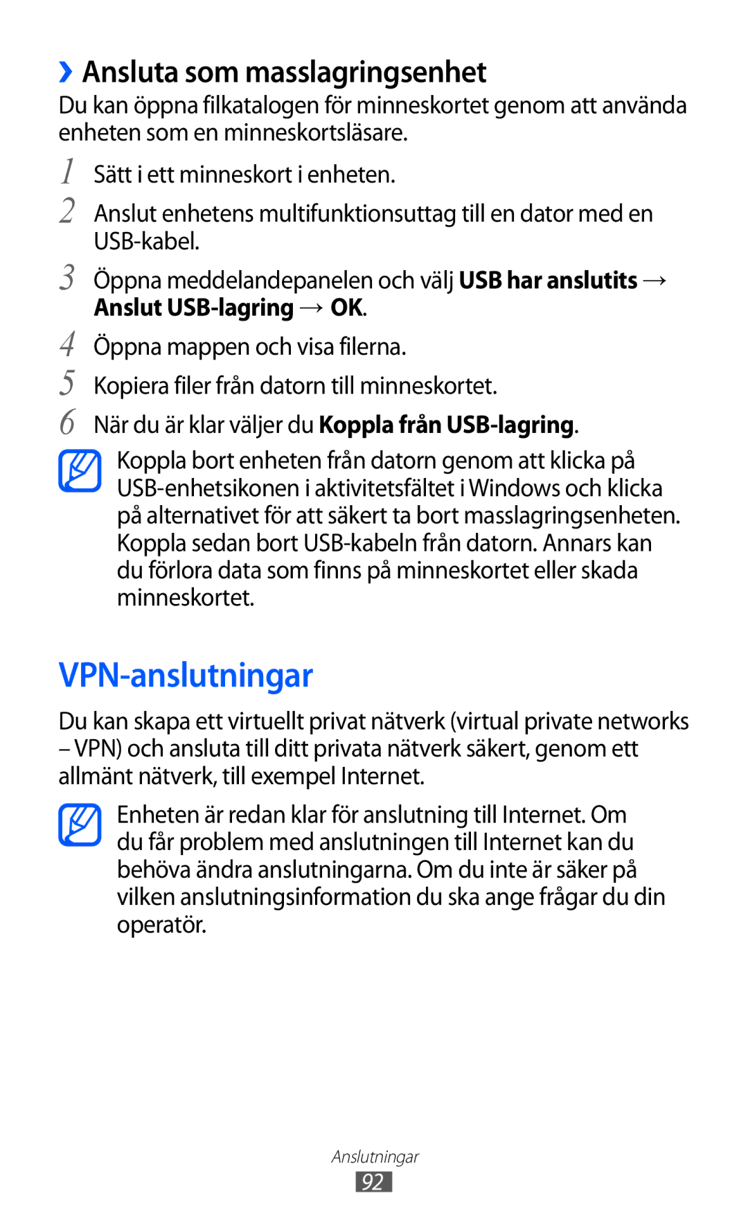 Samsung GT-S5360ISANEE, GT-S5360OIANEE manual VPN-anslutningar, ››Ansluta som masslagringsenhet, Anslut USB-lagring → OK 