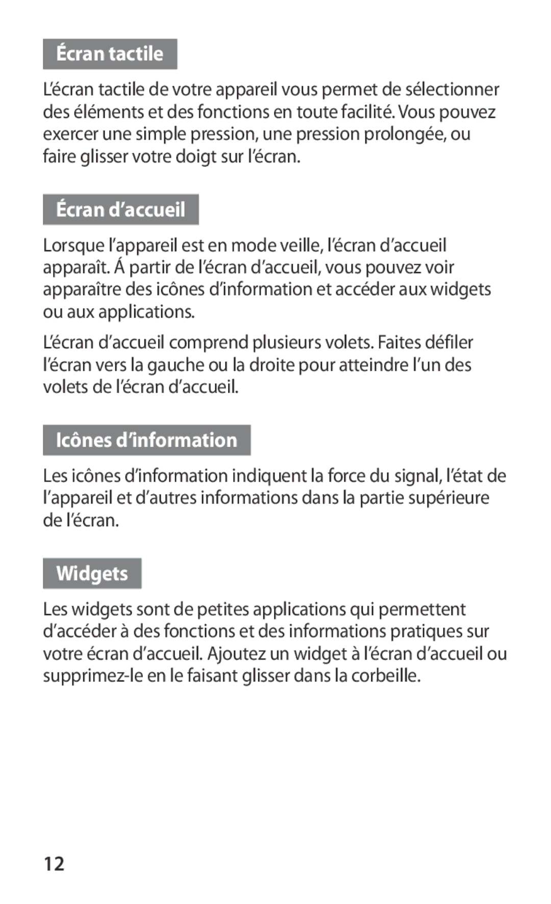 Samsung GT2S5360MAAMTL, GT-S5360TKAGBL, GT2S5360OIAMTL manual Écran tactile, Écran d’accueil, Icônes d’information, Widgets 