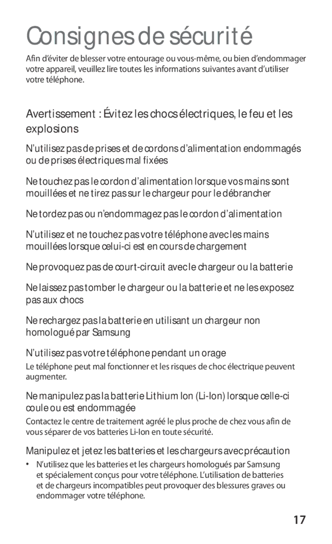 Samsung GT-S5360MAAMTL, GT-S5360TKAGBL Consignes de sécurité, Ne tordez pas ou n’endommagez pas le cordon d’alimentation 