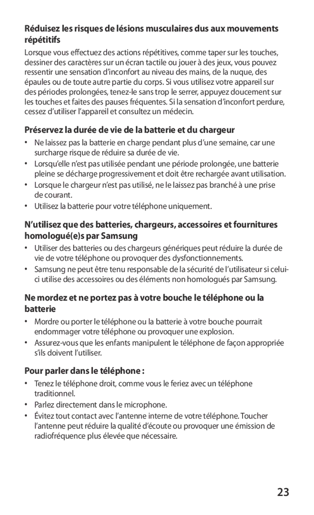 Samsung GT-S5360UWAMTL manual Préservez la durée de vie de la batterie et du chargeur, Pour parler dans le téléphone 