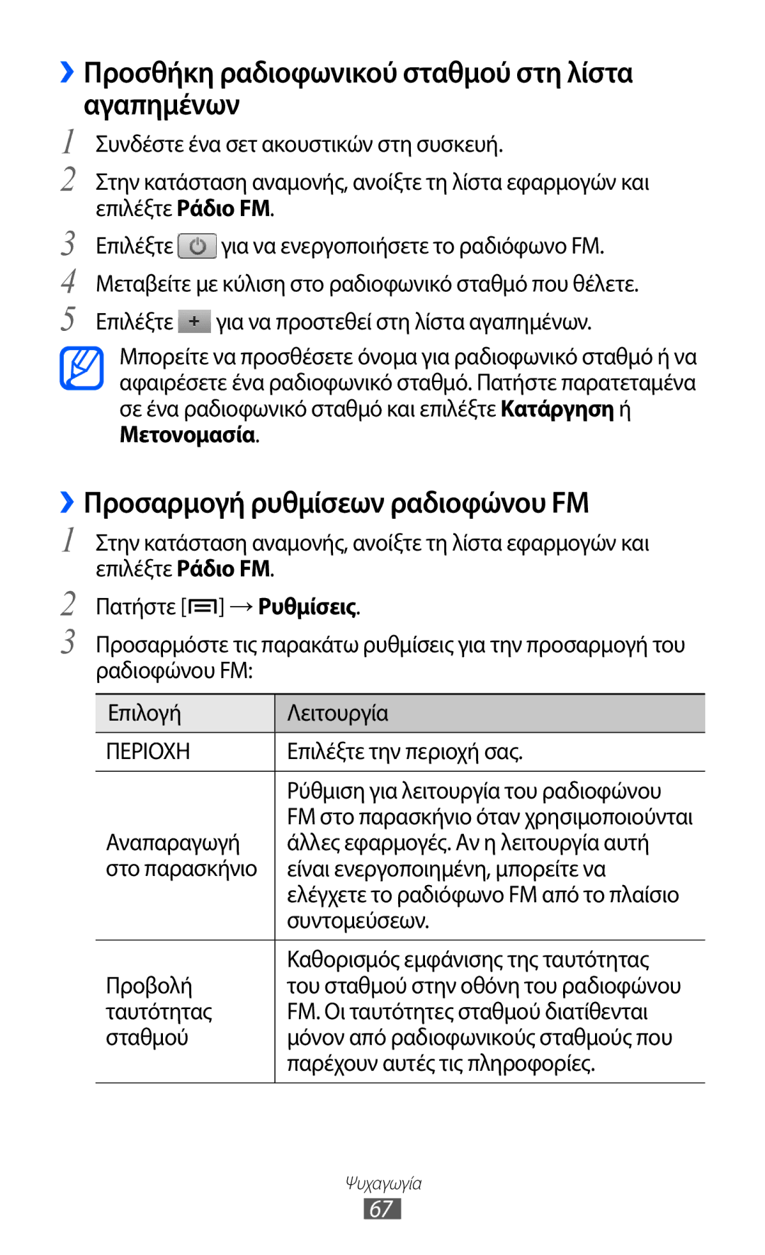 Samsung GT-S5360MAAEUR manual ››Προσθήκη ραδιοφωνικού σταθμού στη λίστα αγαπημένων, ››Προσαρμογή ρυθμίσεων ραδιοφώνου FM 