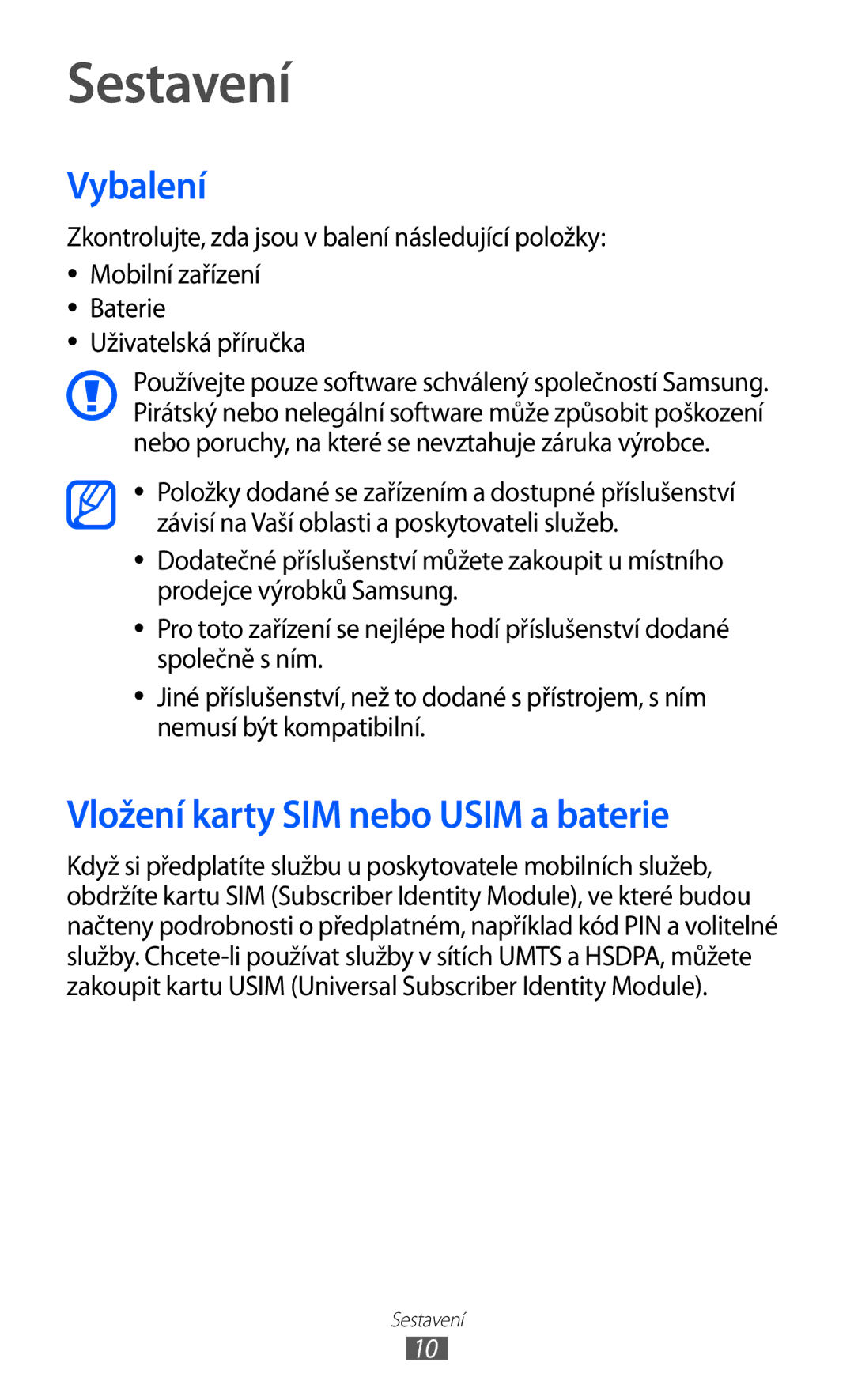 Samsung GT2S5360MAATMS, GT-S5360UWACOS, GT2S5360UWAXEZ manual Sestavení, Vybalení, Vložení karty SIM nebo Usim a baterie 