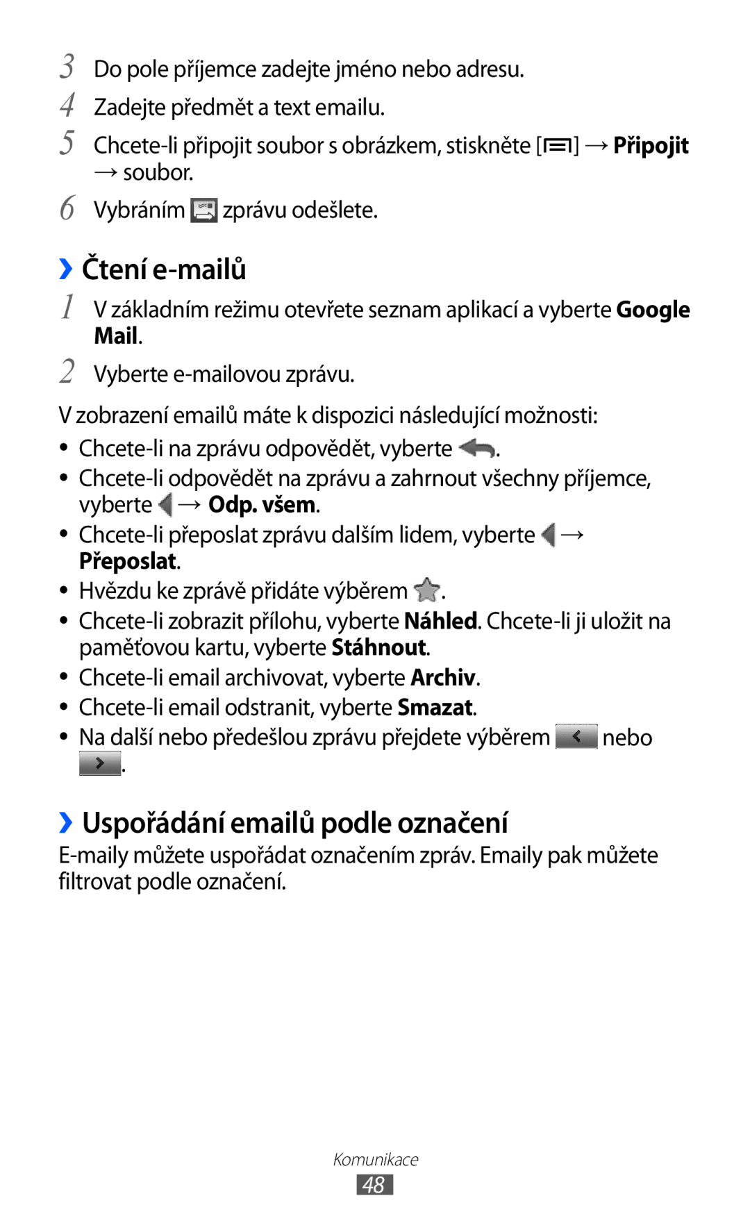 Samsung GT-S5360MAATRG manual ››Čtení e-mailů, ››Uspořádání emailů podle označení, → soubor Vybráním zprávu odešlete 