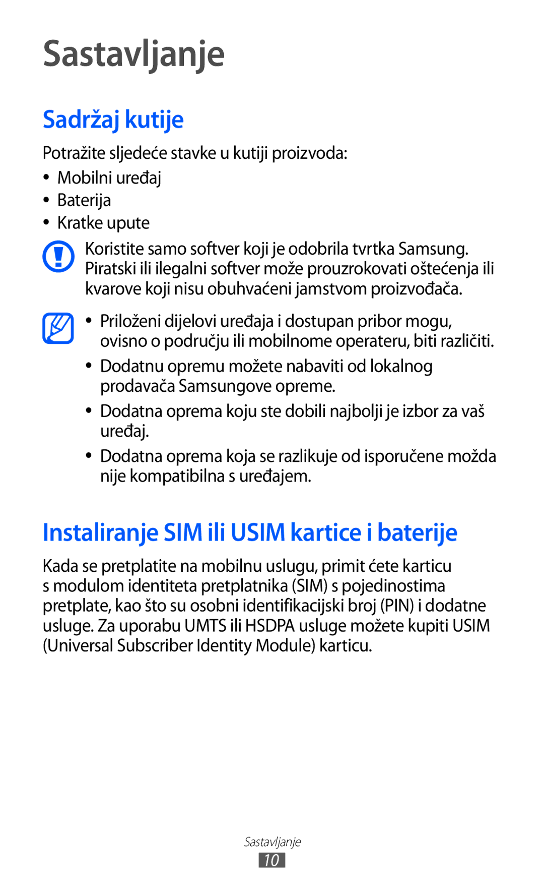 Samsung GT2S5360UWAVIP, GT-S5360UWAERO manual Sastavljanje, Sadržaj kutije, Instaliranje SIM ili Usim kartice i baterije 