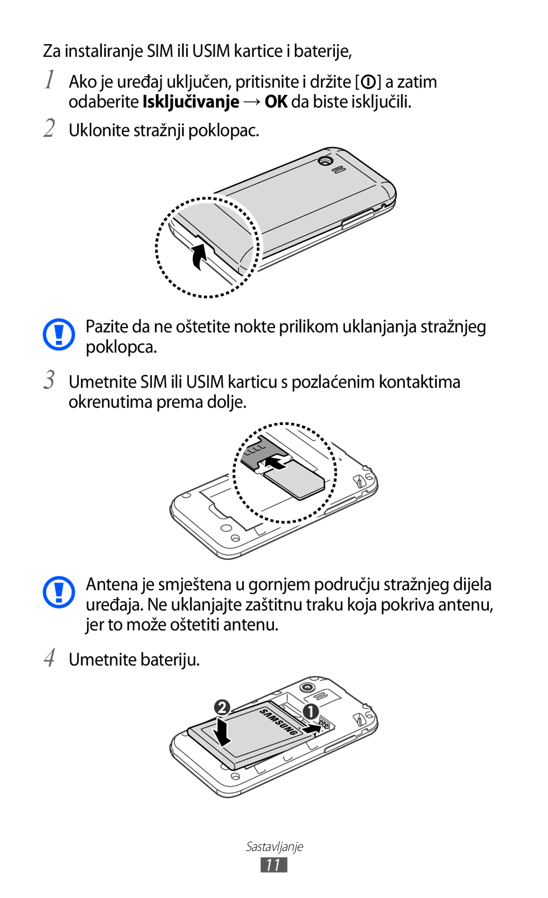 Samsung GT2S5360TKATWO, GT-S5360UWAERO, GT-S5360UWASMO, GT-S5360TKATWO manual Za instaliranje SIM ili Usim kartice i baterije 