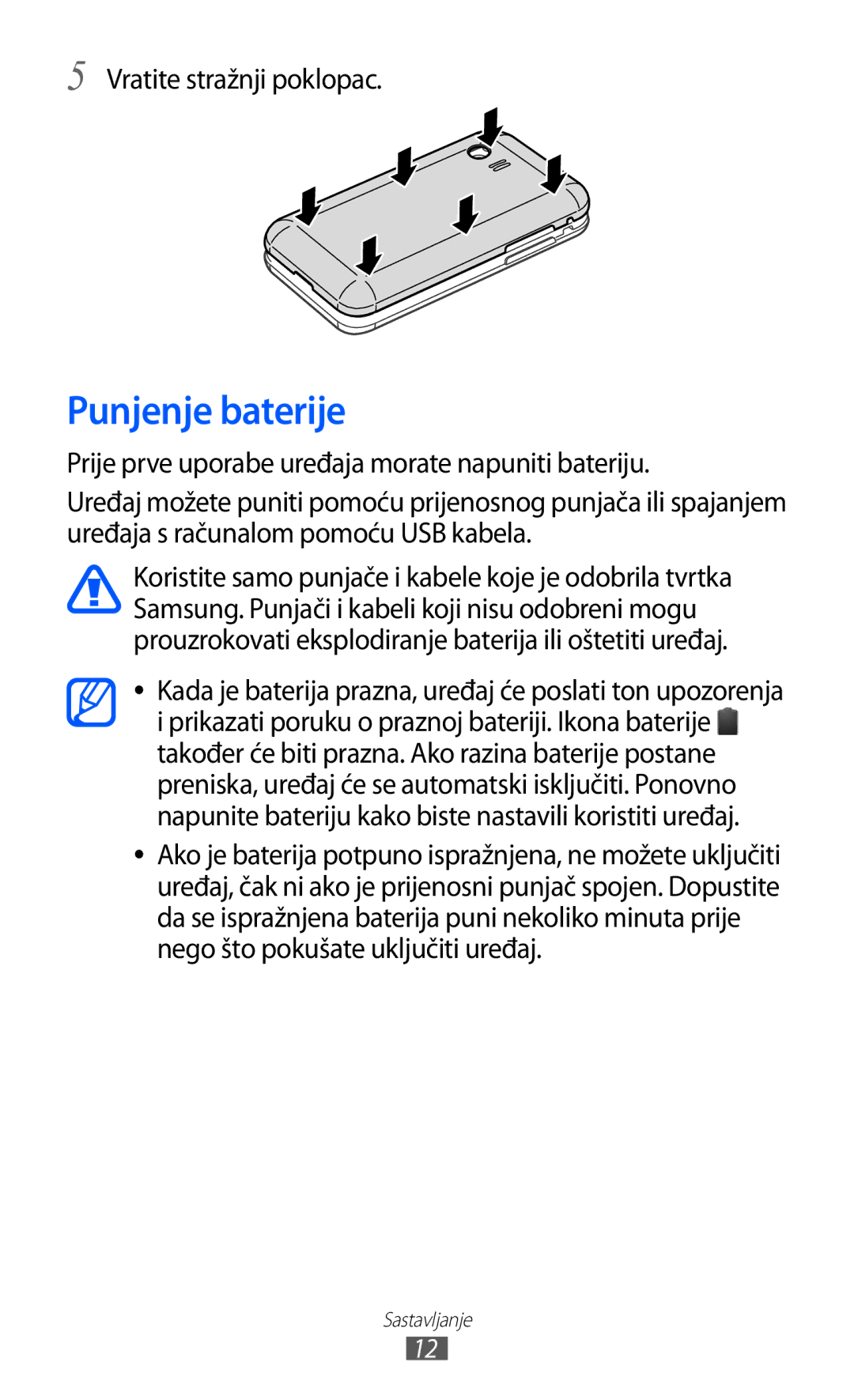 Samsung GT-S5360UWATWO, GT-S5360UWAERO, GT-S5360UWASMO, GT-S5360TKATWO manual Punjenje baterije, Vratite stražnji poklopac 