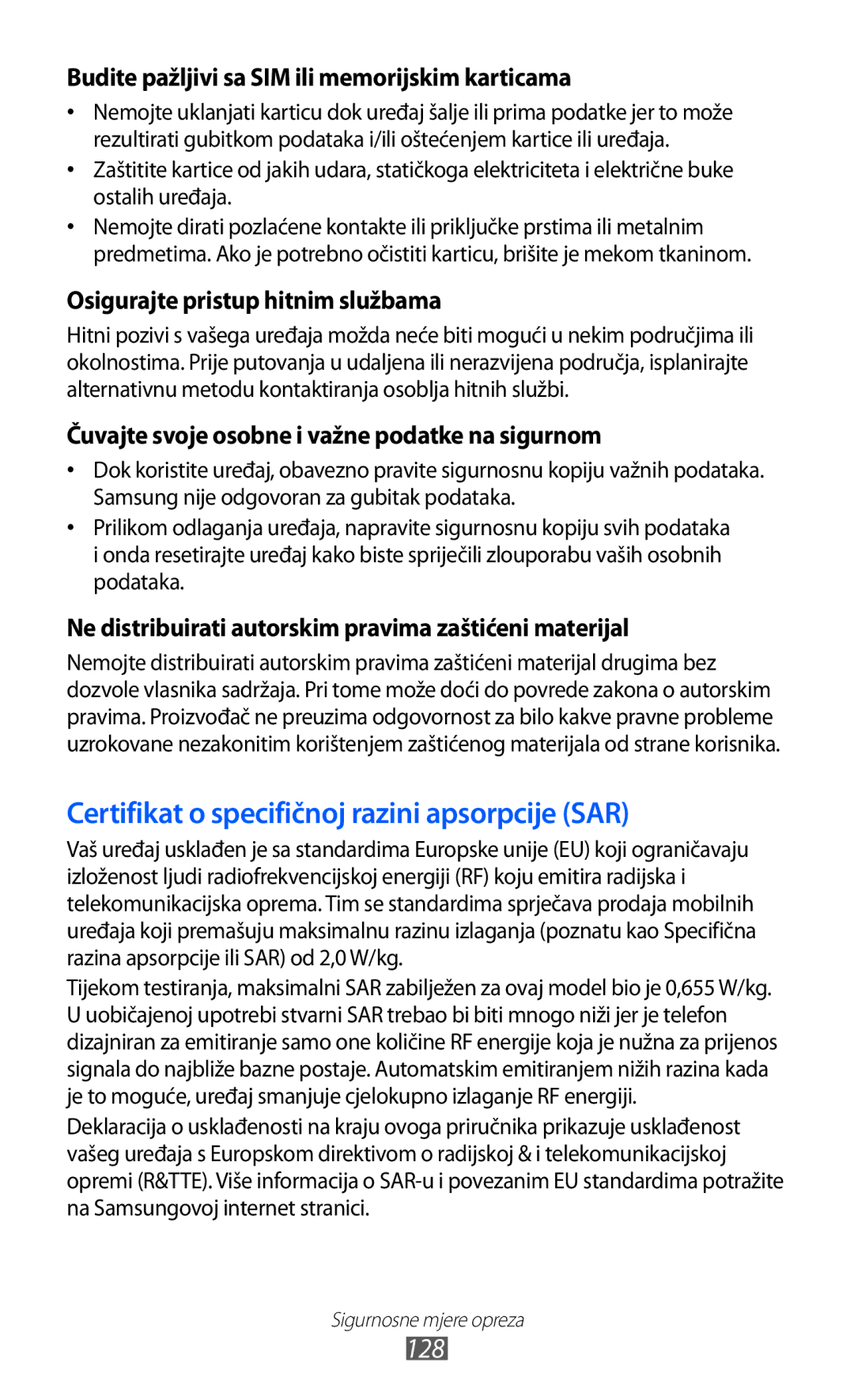 Samsung GT2S5360MAATRA, GT-S5360UWAERO, GT-S5360UWASMO, GT-S5360TKATWO manual Certifikat o specifičnoj razini apsorpcije SAR 