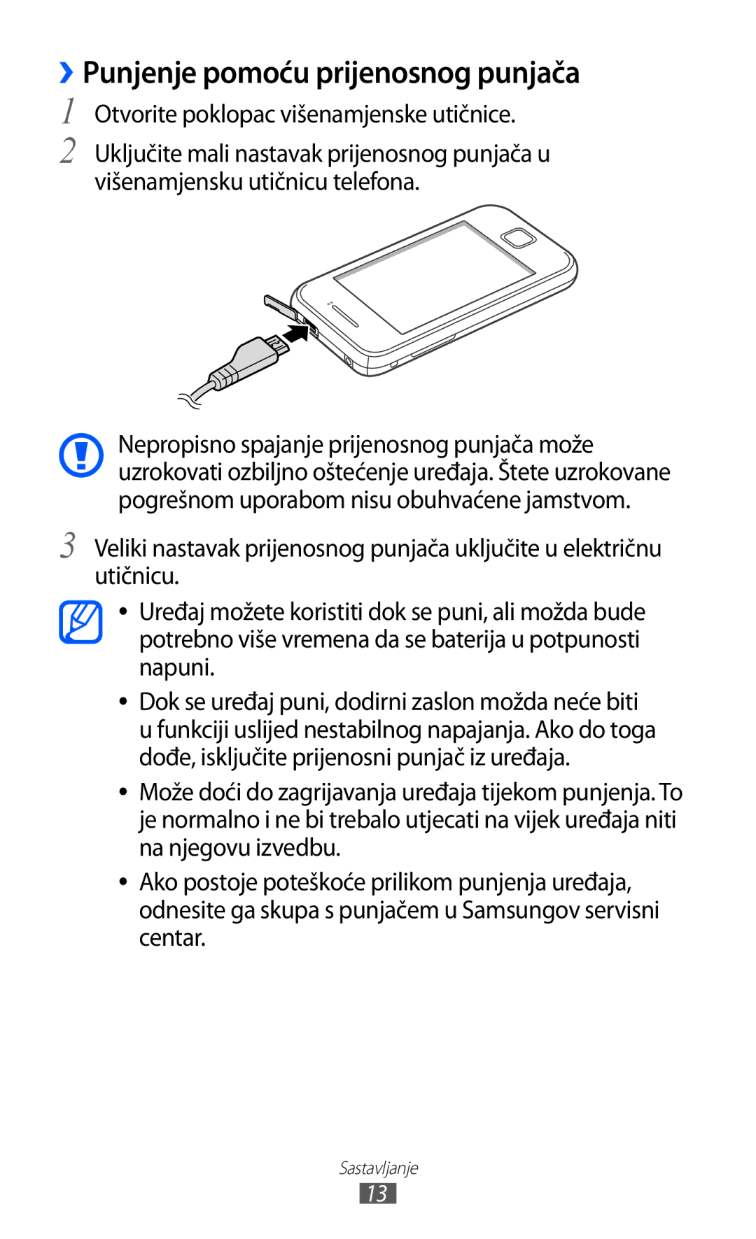 Samsung GT2S5360MAACRO, GT-S5360UWAERO ››Punjenje pomoću prijenosnog punjača, Otvorite poklopac višenamjenske utičnice 