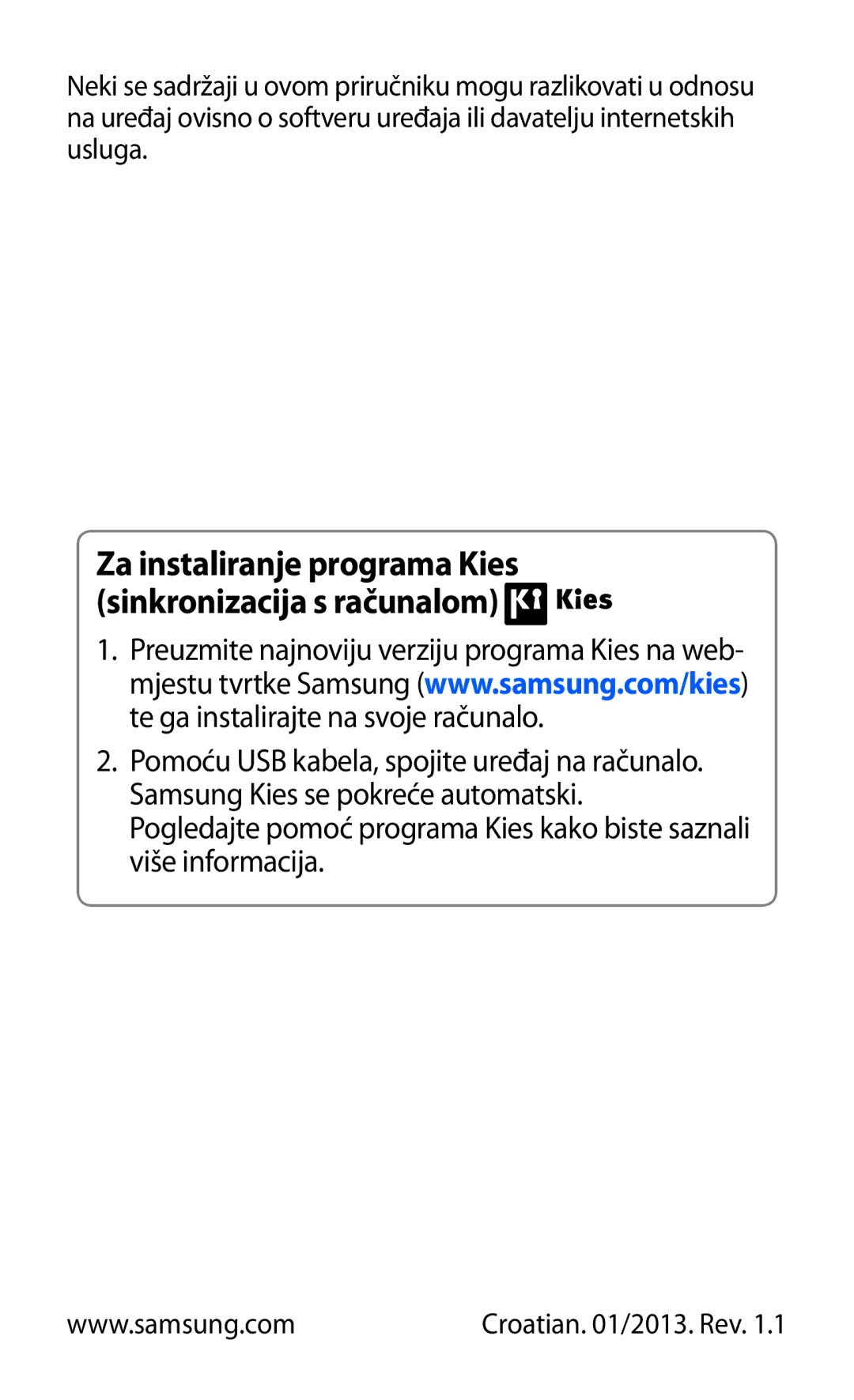 Samsung GT-S5360MAAVIP, GT-S5360UWAERO, GT-S5360UWASMO manual Za instaliranje programa Kies sinkronizacija s računalom 