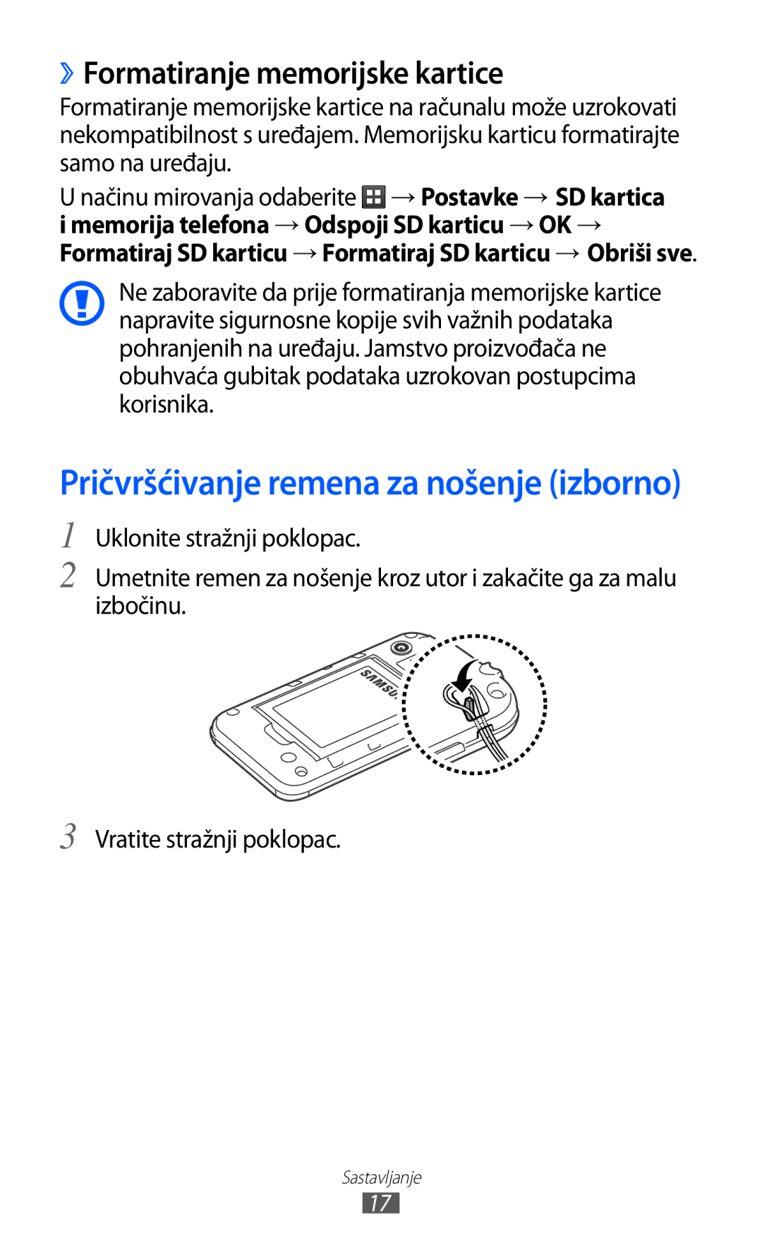 Samsung GT-S5360TKATWO, GT-S5360UWAERO manual Pričvršćivanje remena za nošenje izborno, ››Formatiranje memorijske kartice 