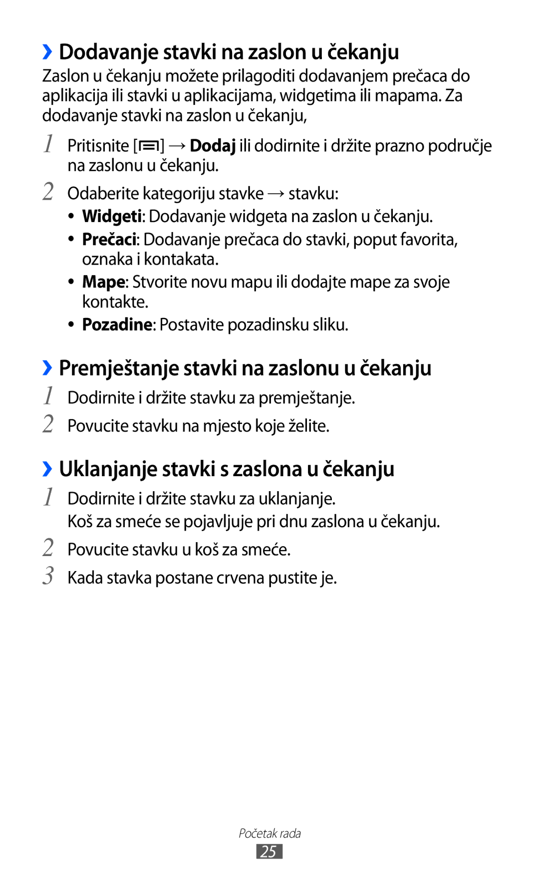 Samsung GT2S5360UWAVIP, GT-S5360UWAERO ››Dodavanje stavki na zaslon u čekanju, ››Premještanje stavki na zaslonu u čekanju 