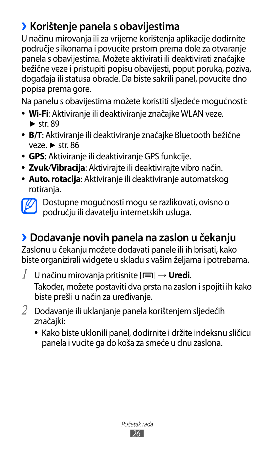 Samsung GT2S5360TKATWO, GT-S5360UWAERO ››Korištenje panela s obavijestima, ››Dodavanje novih panela na zaslon u čekanju 